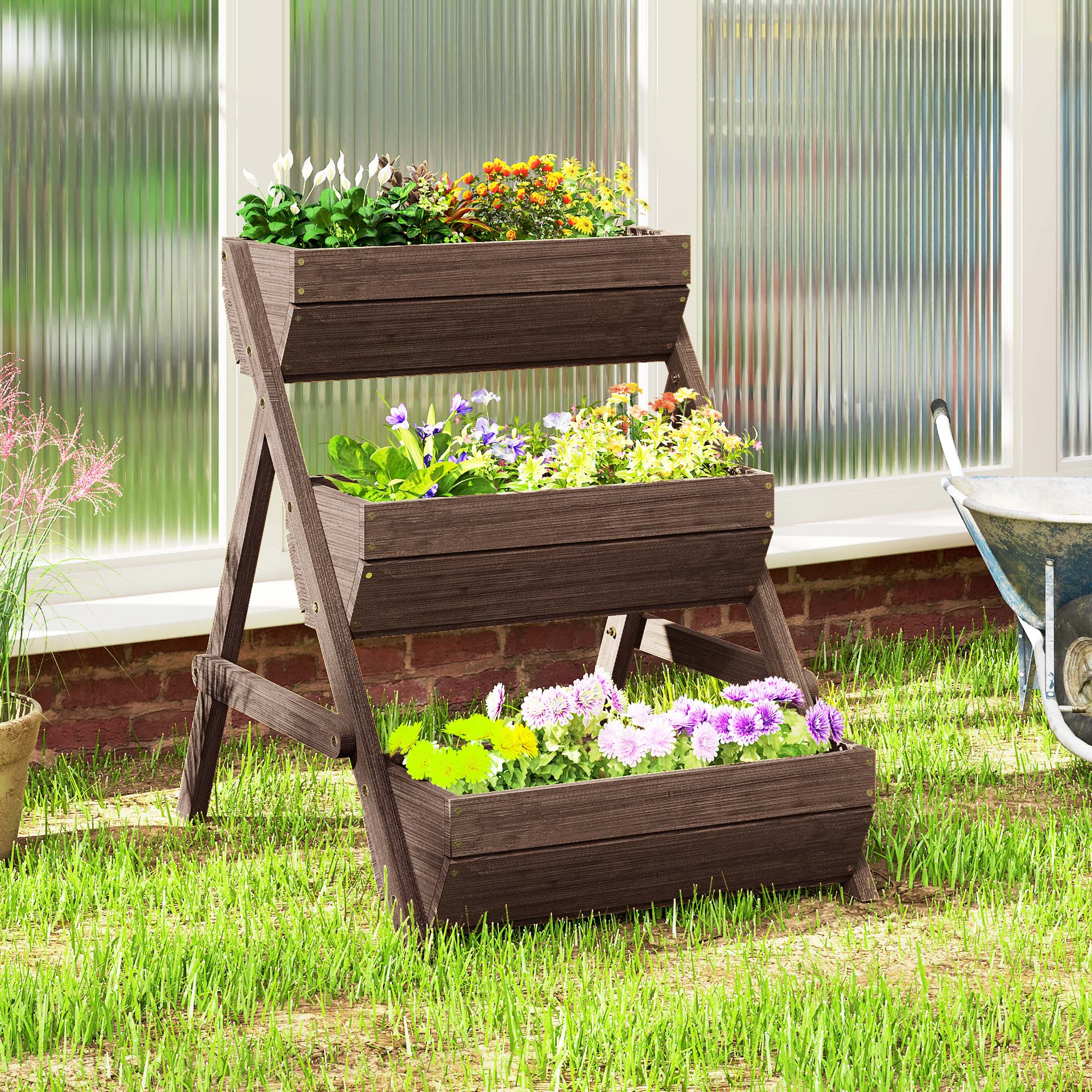 Outsunny 3-Tier Wooden Raised Garden Bed Planter Box, Tan