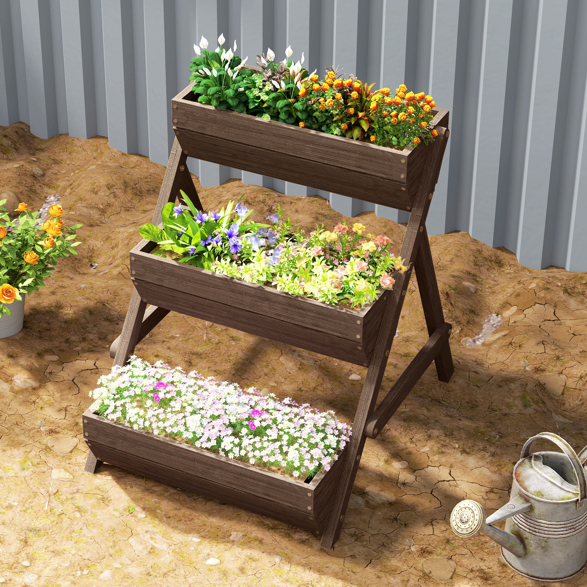 Outsunny 3-Tier Wooden Raised Garden Bed Planter Box, Tan