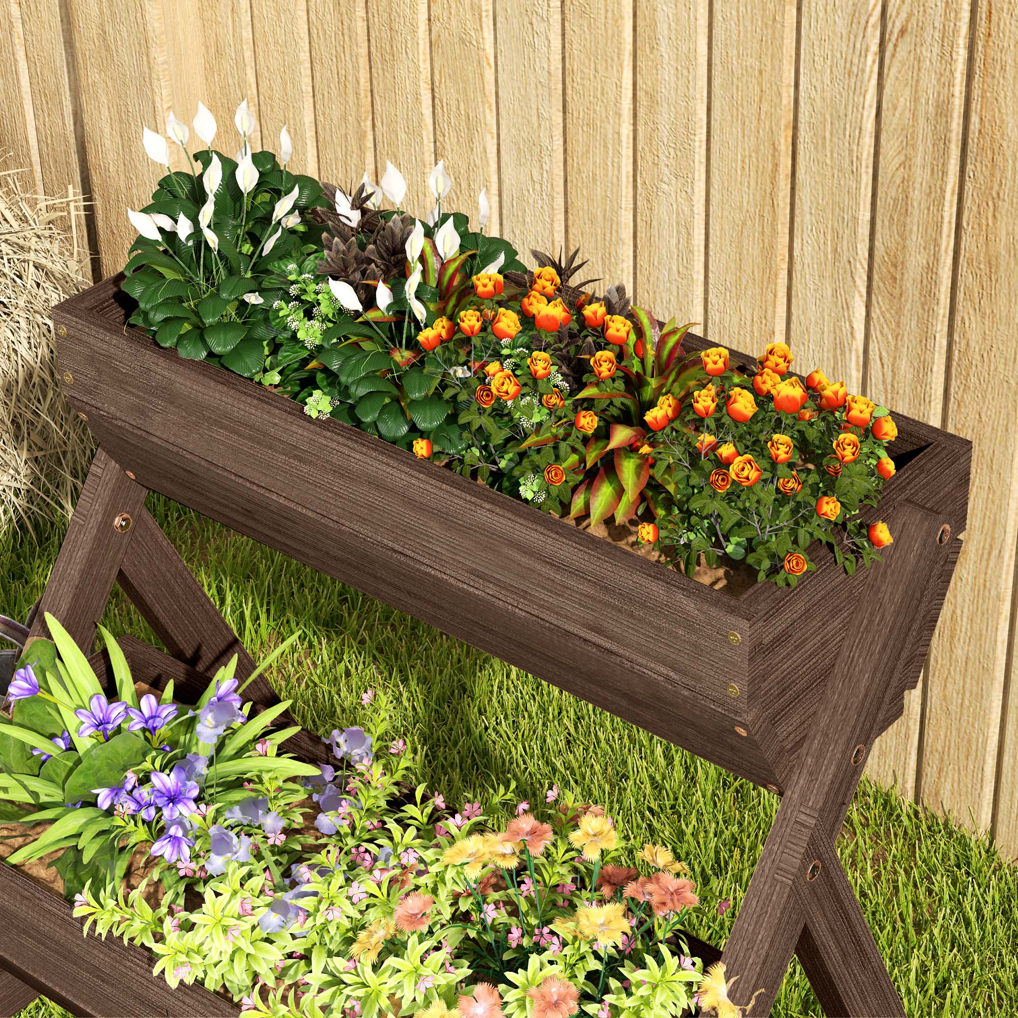 Outsunny 3-Tier Wooden Raised Garden Bed Planter Box, Tan