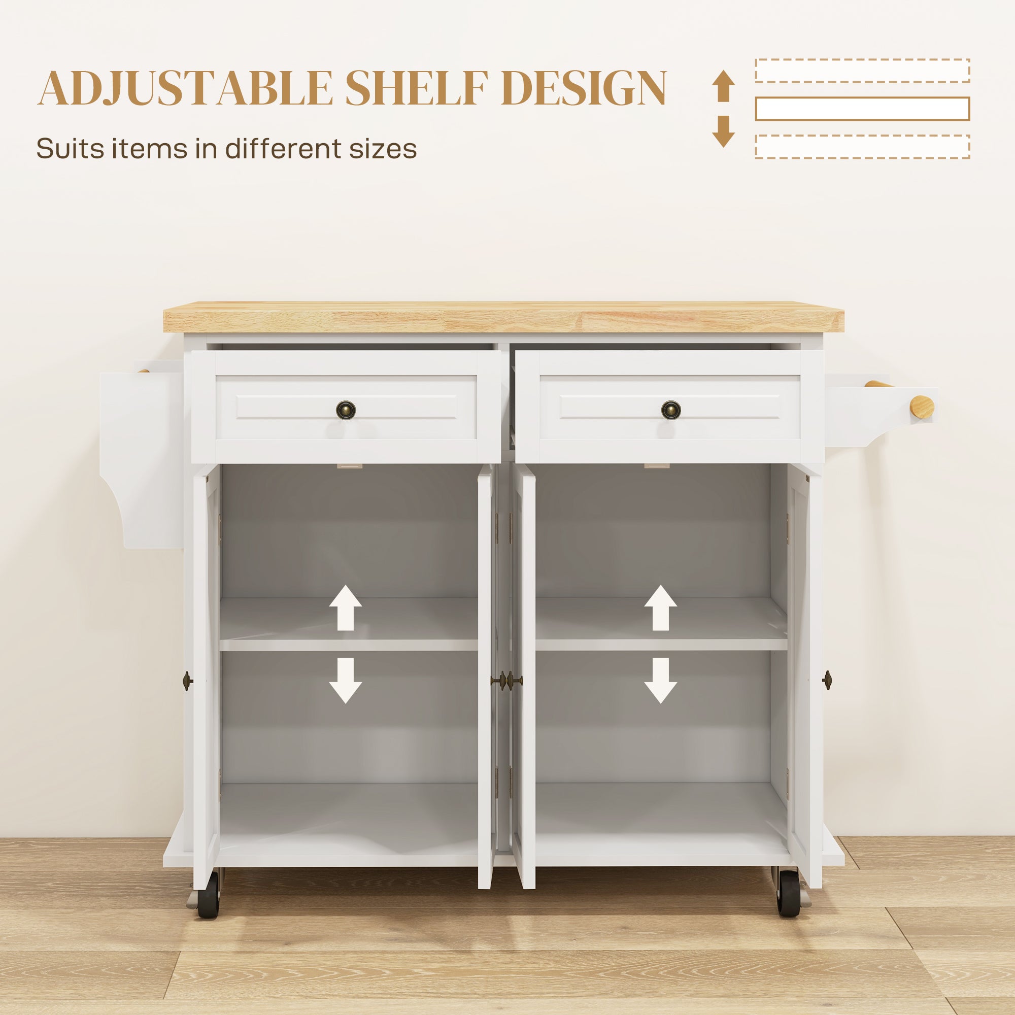 HOMCOM Cream White Rolling Kitchen Island Cart with Rubberwood Top