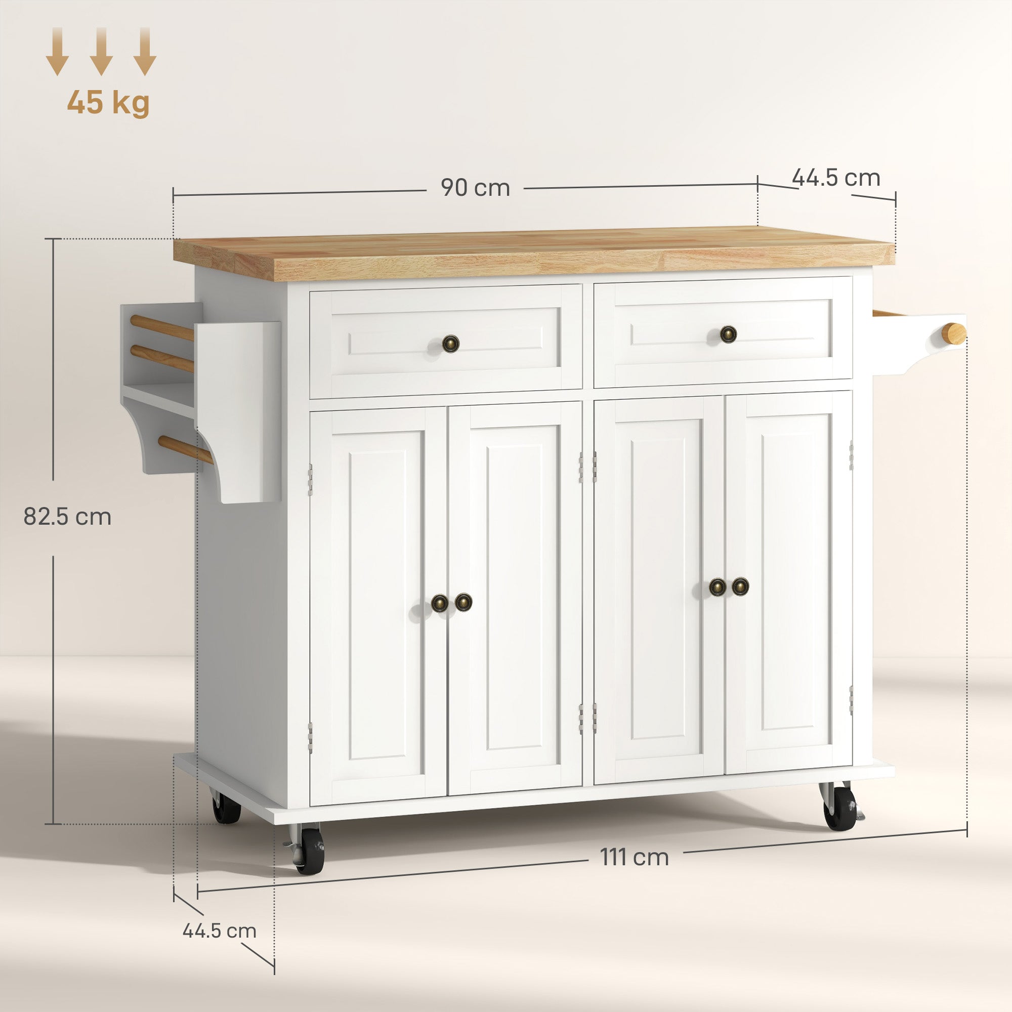 HOMCOM Cream White Rolling Kitchen Island Cart with Rubberwood Top