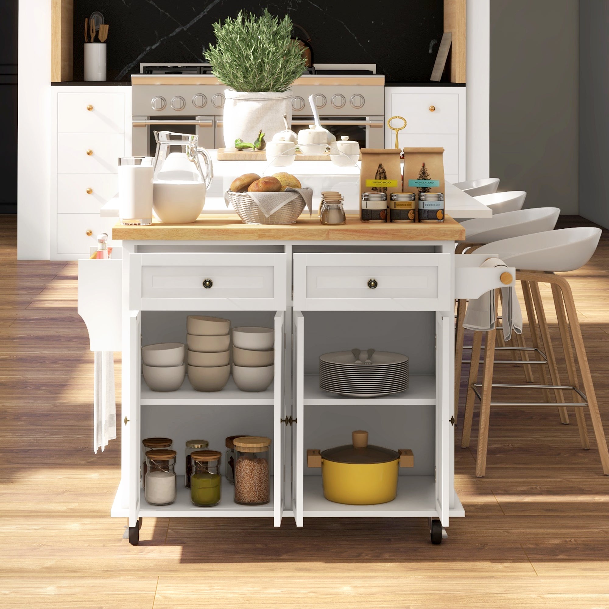 HOMCOM Cream White Rolling Kitchen Island Cart with Rubberwood Top