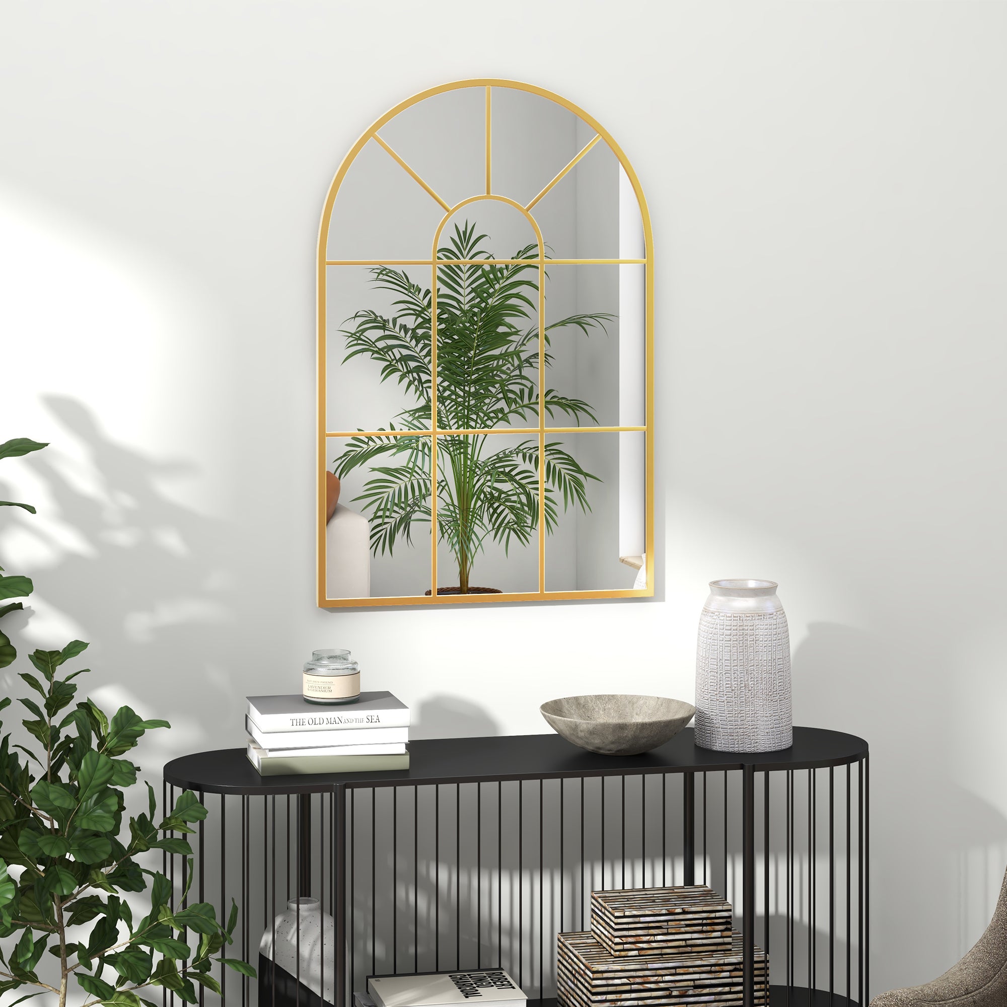 HOMCOM Modern Arched Window Wall Mirror, 91 x 60 cm, Gold Tone