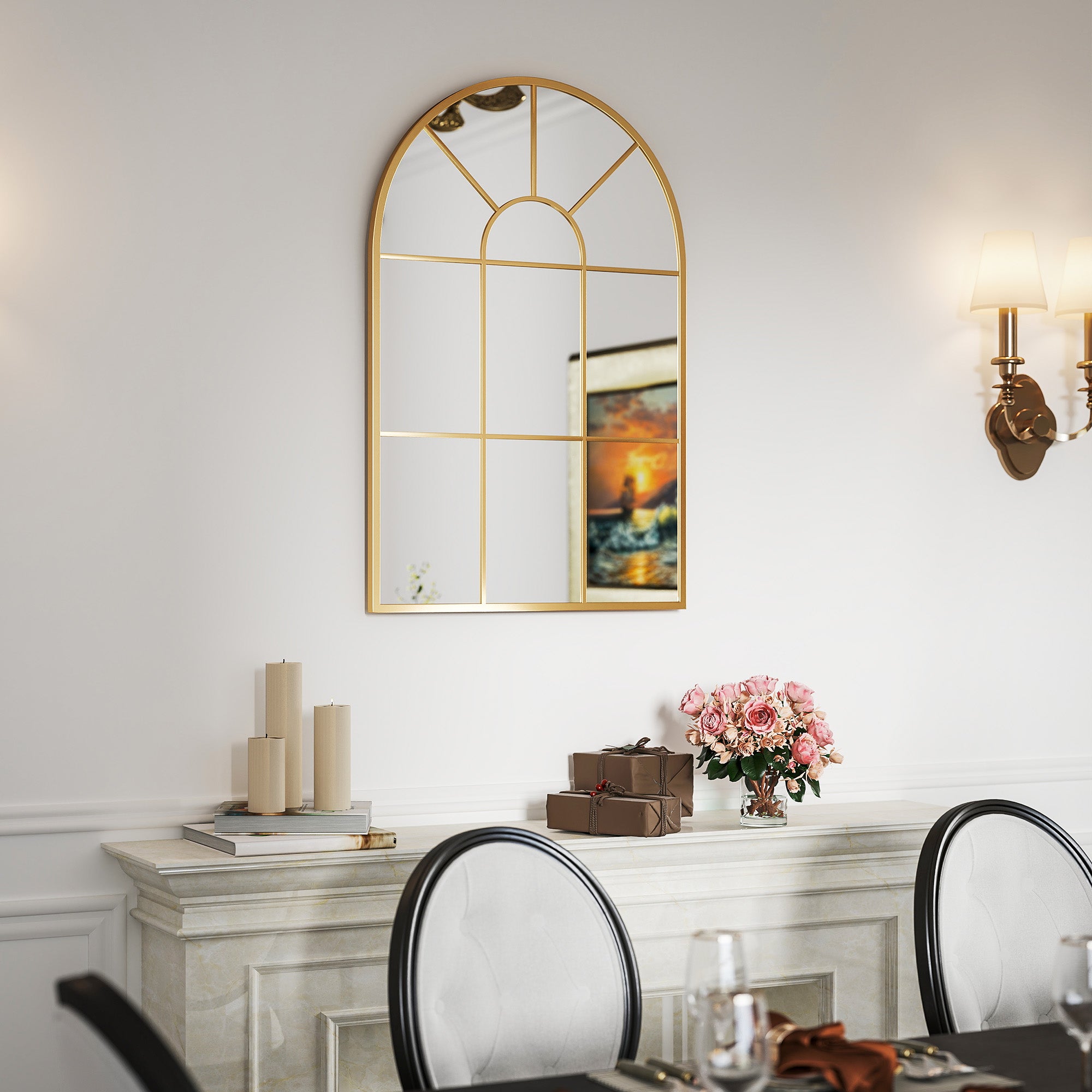 HOMCOM Modern Arched Window Wall Mirror, 91 x 60 cm, Gold Tone