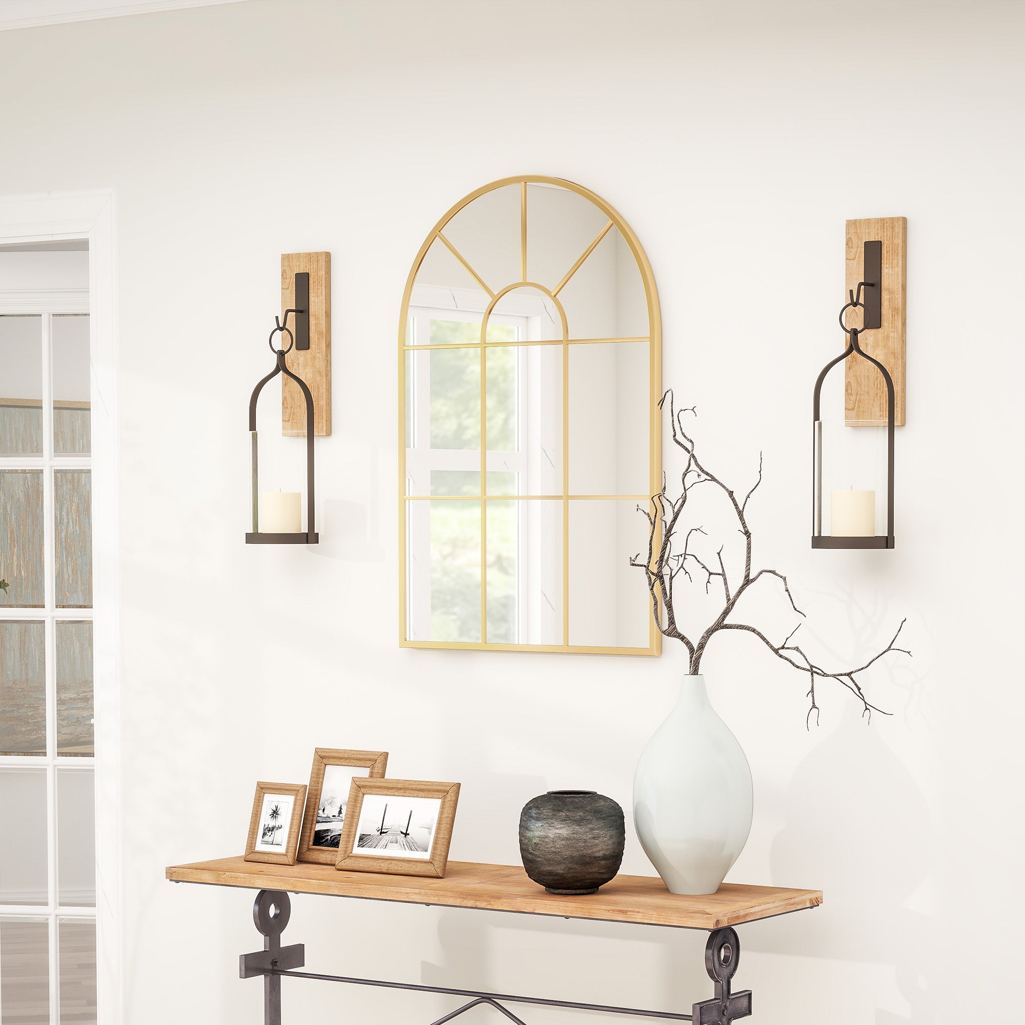 HOMCOM Modern Arched Window Wall Mirror, 91 x 60 cm, Gold Tone