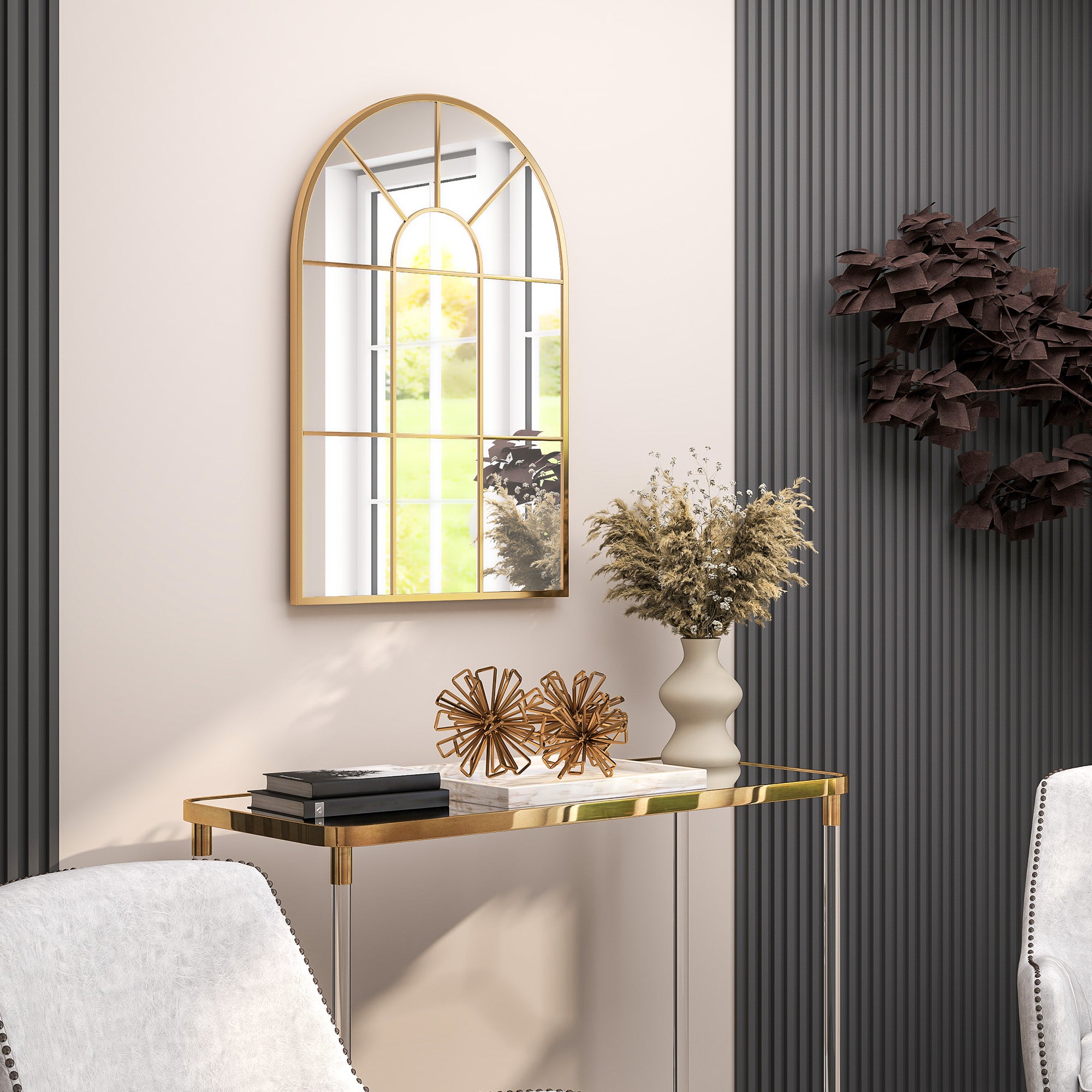 HOMCOM Modern Arched Window Wall Mirror, 91 x 60 cm, Gold Tone