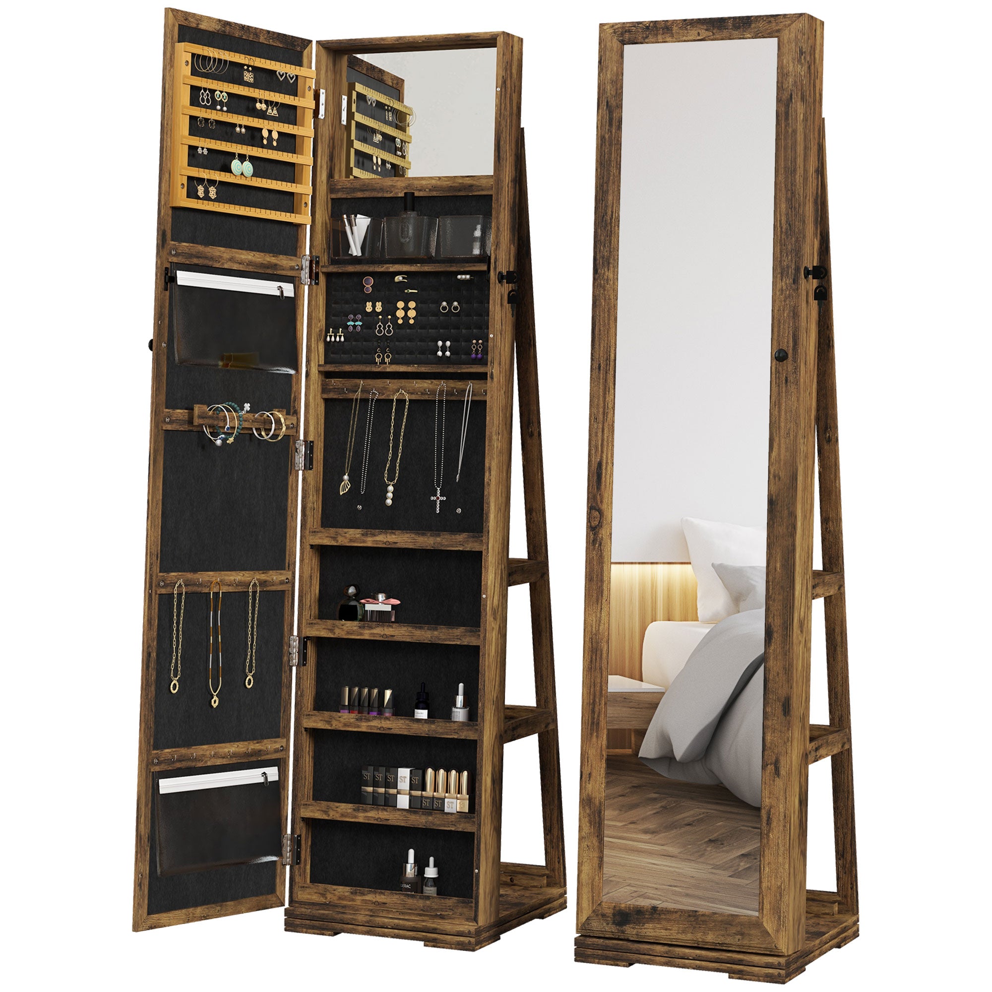 HOMCOM Swivel Full Length Mirror Jewelry Cabinet with Lock, Brown