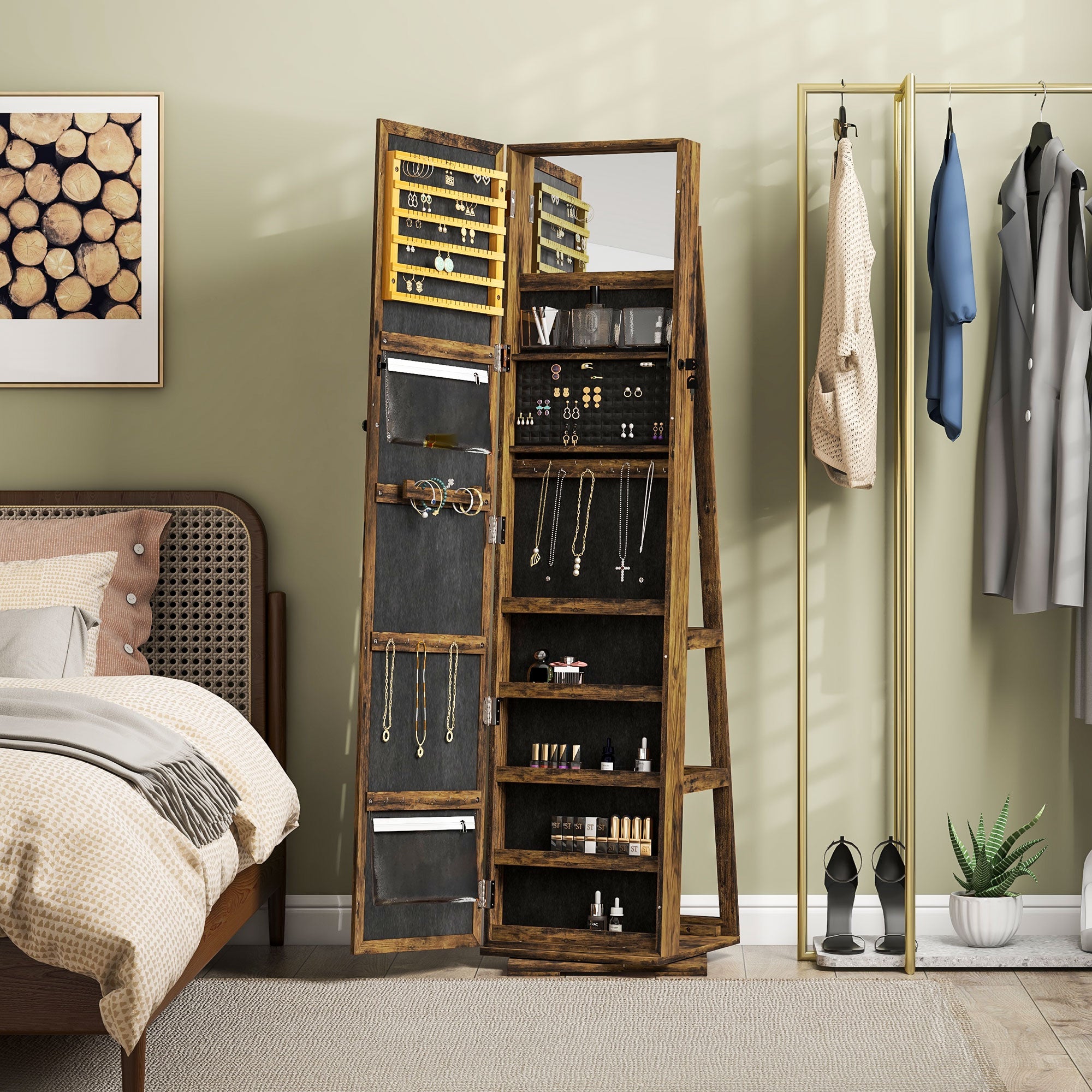HOMCOM Swivel Full Length Mirror Jewelry Cabinet with Lock, Brown