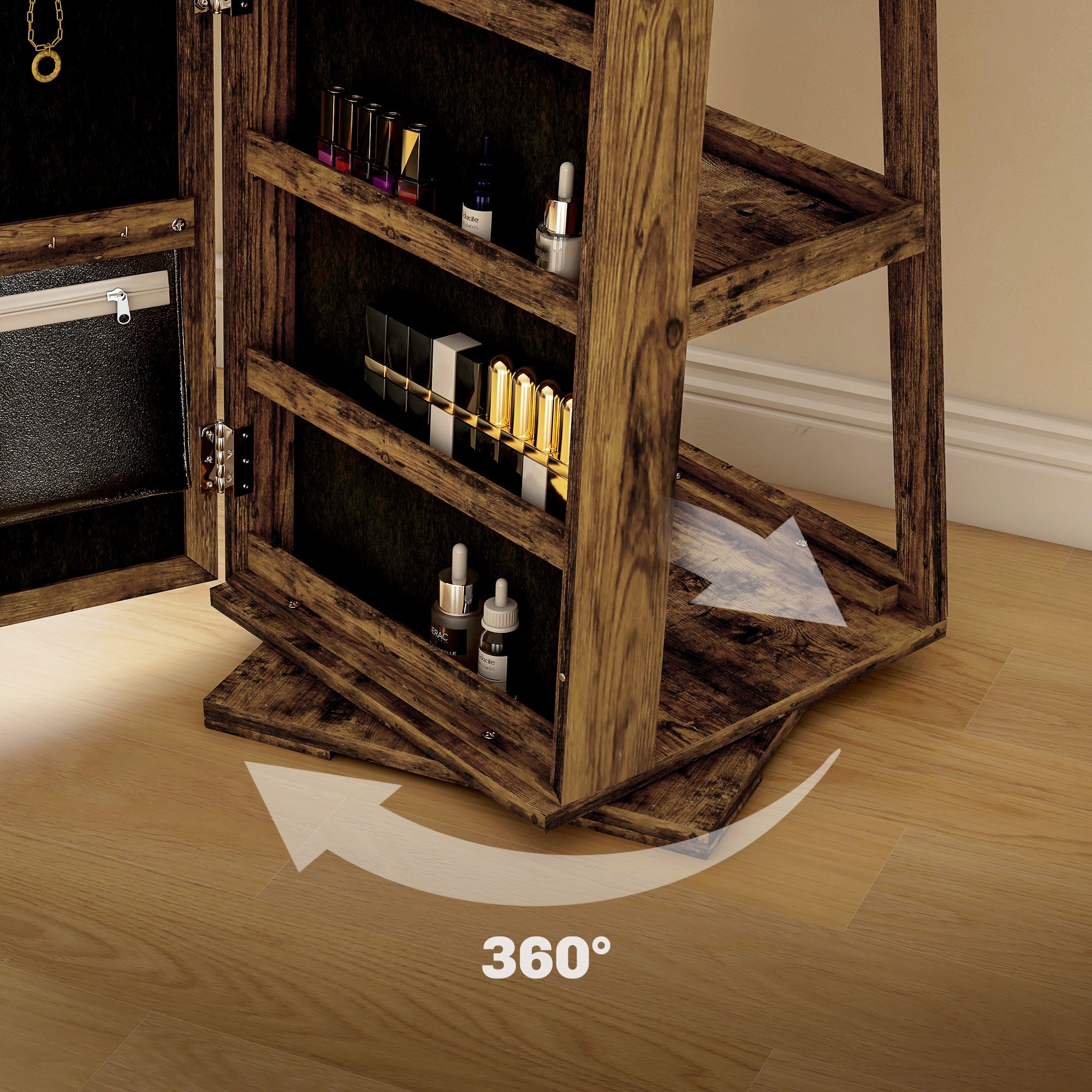 HOMCOM Swivel Full Length Mirror Jewelry Cabinet with Lock, Brown