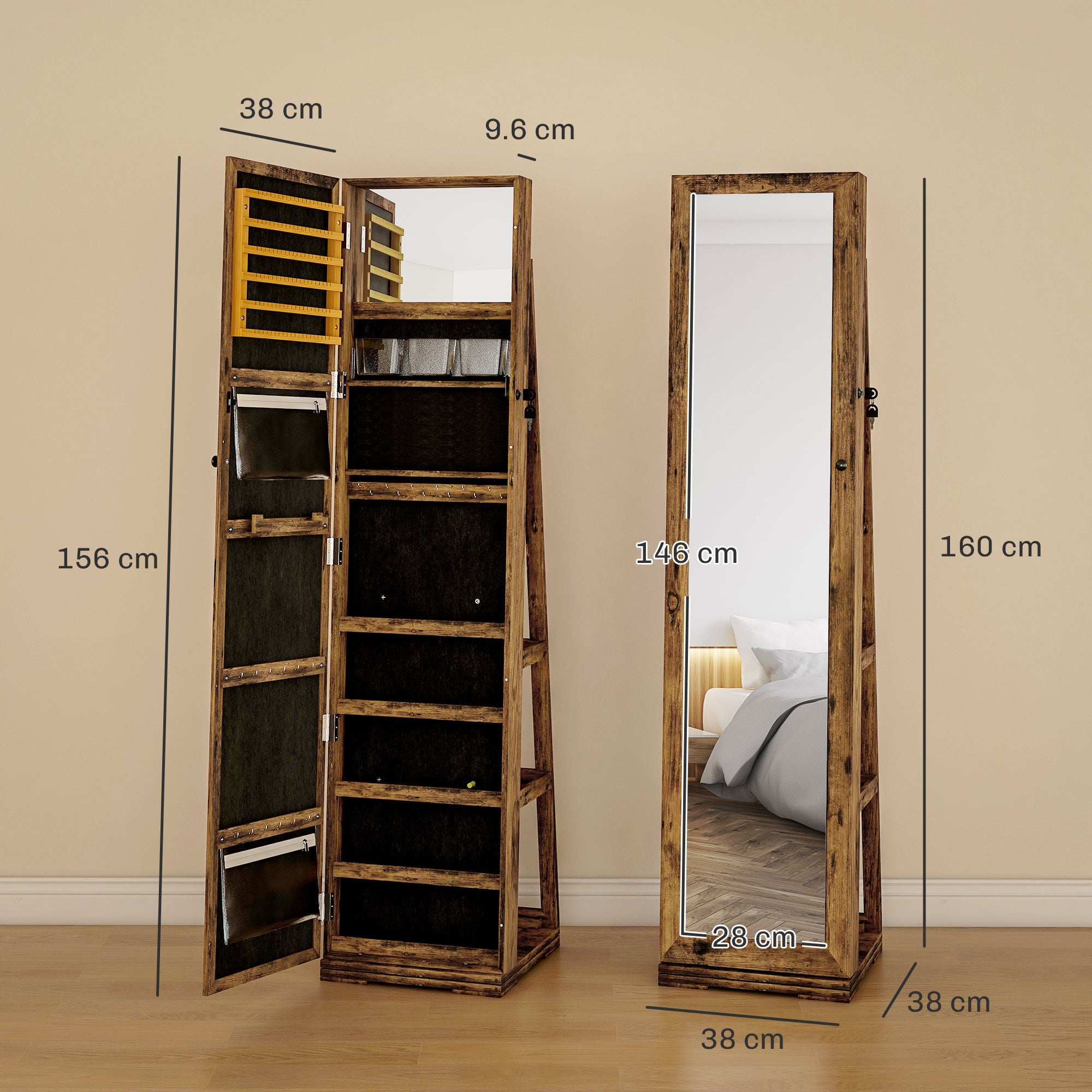 HOMCOM Swivel Full Length Mirror Jewelry Cabinet with Lock, Brown
