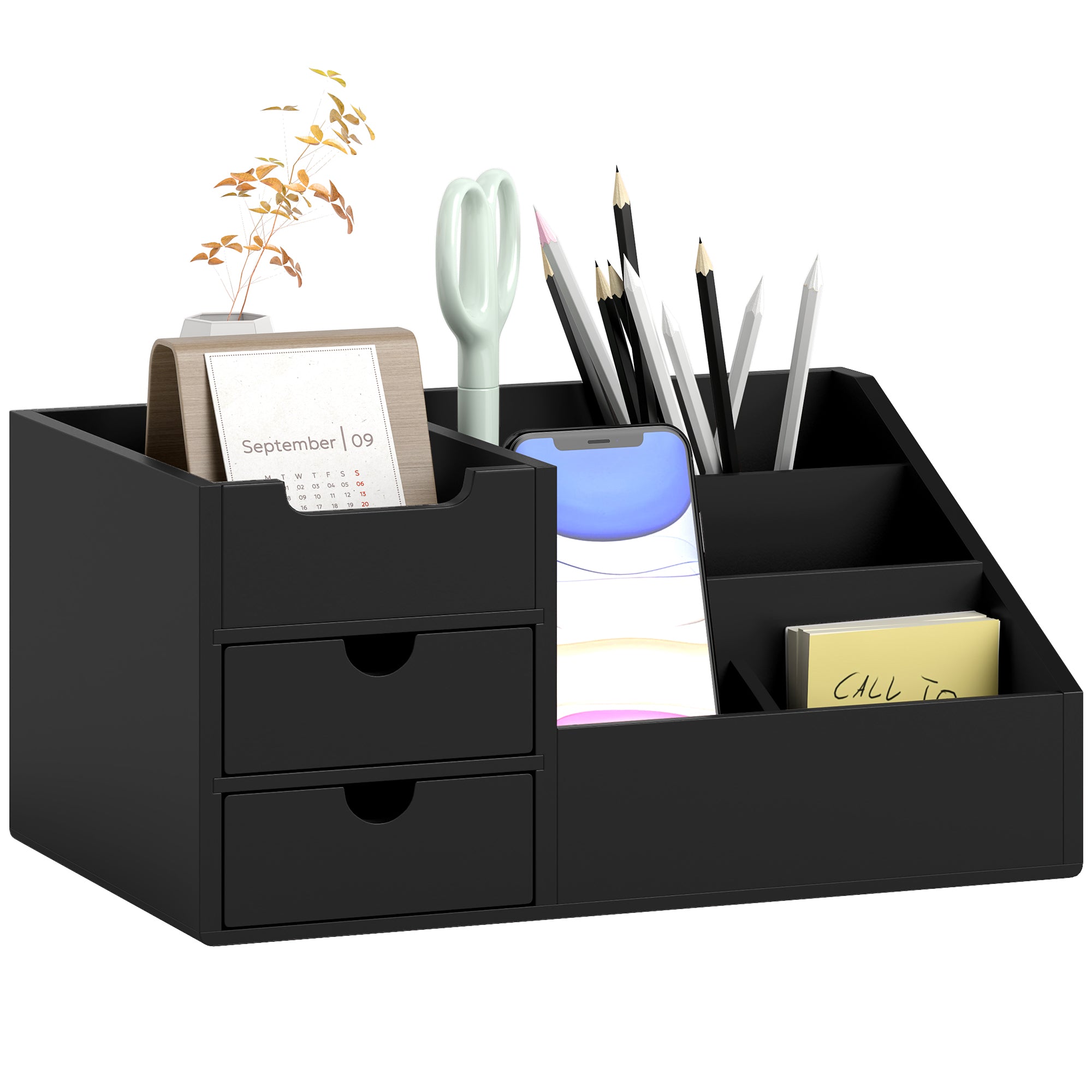HOMCOM Black Bamboo Desktop Organiser with 2 Drawers and 7 Compartments