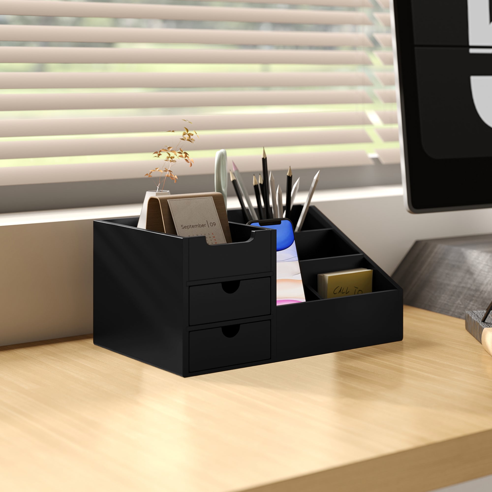 HOMCOM Black Bamboo Desktop Organiser with 2 Drawers and 7 Compartments