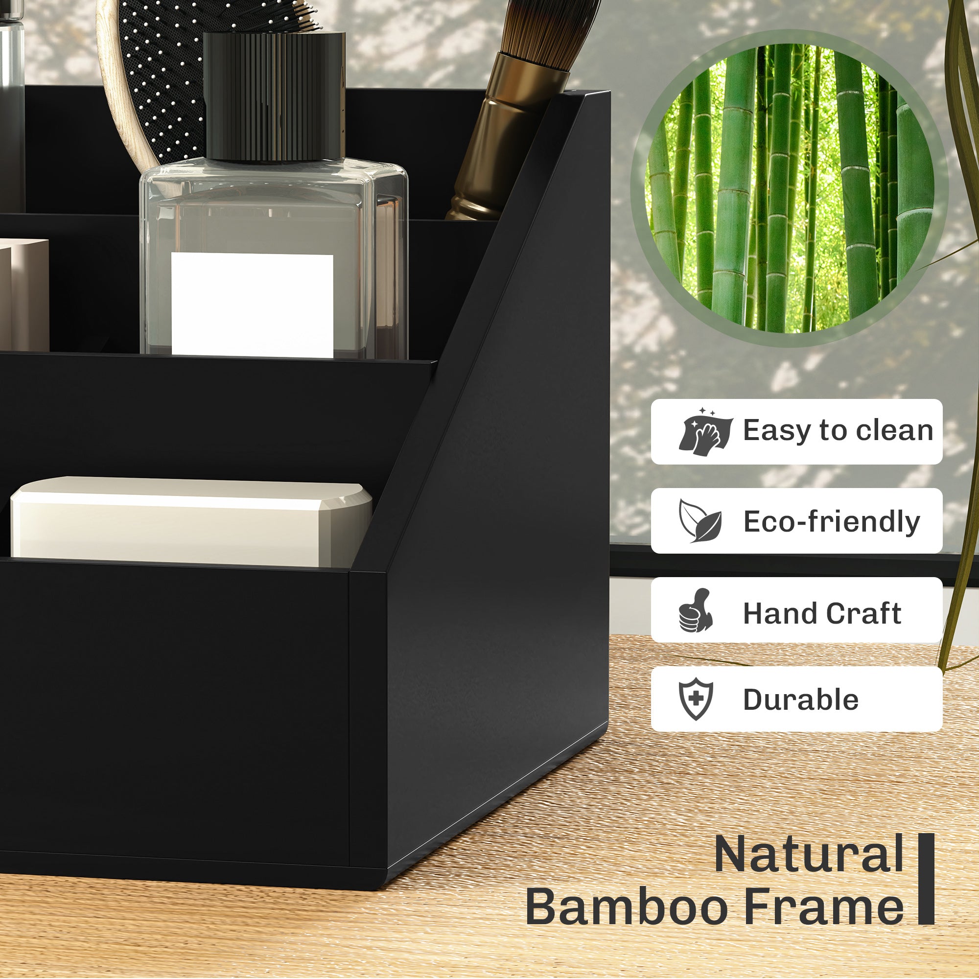 HOMCOM Black Bamboo Desktop Organiser with 2 Drawers and 7 Compartments