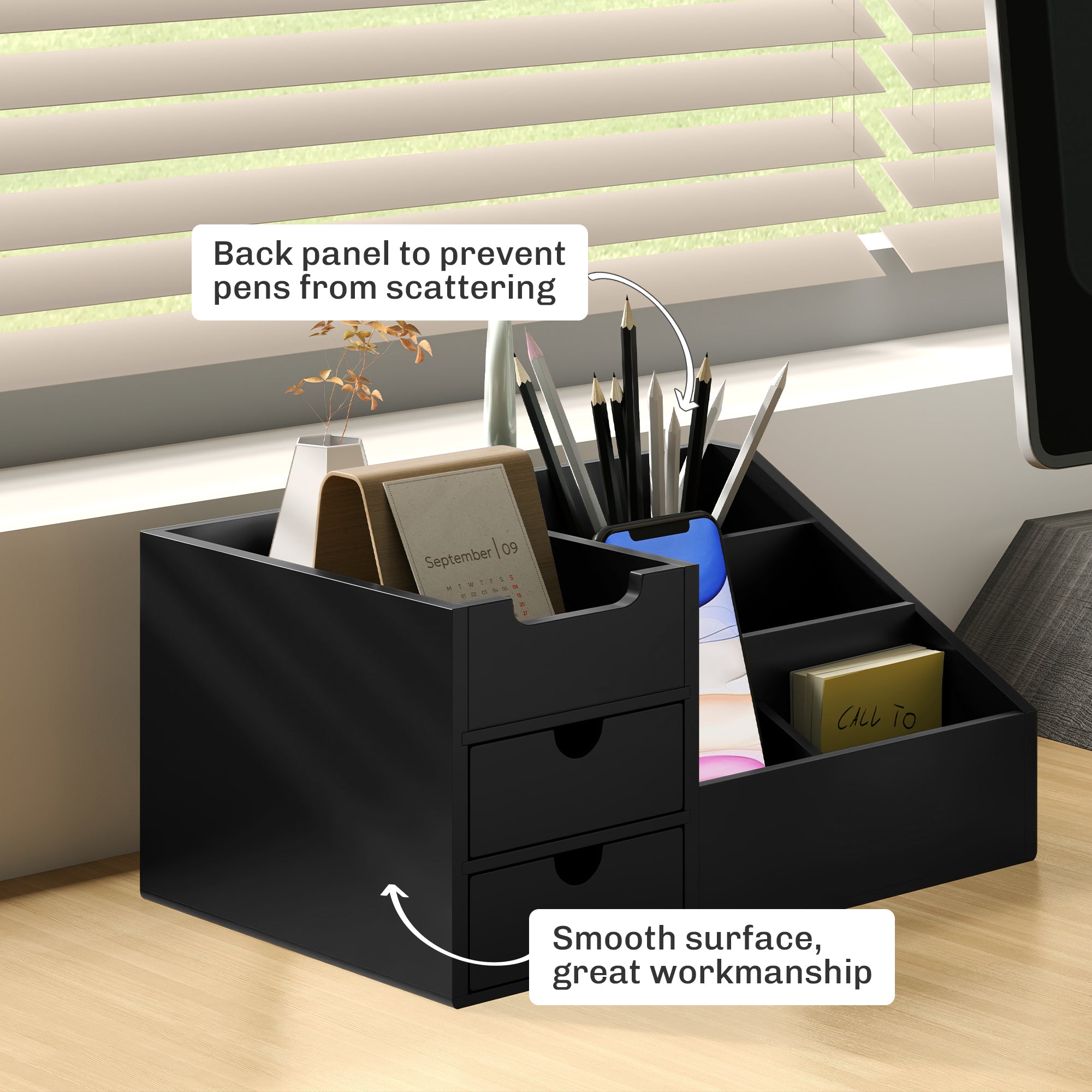 HOMCOM Black Bamboo Desktop Organiser with 2 Drawers and 7 Compartments