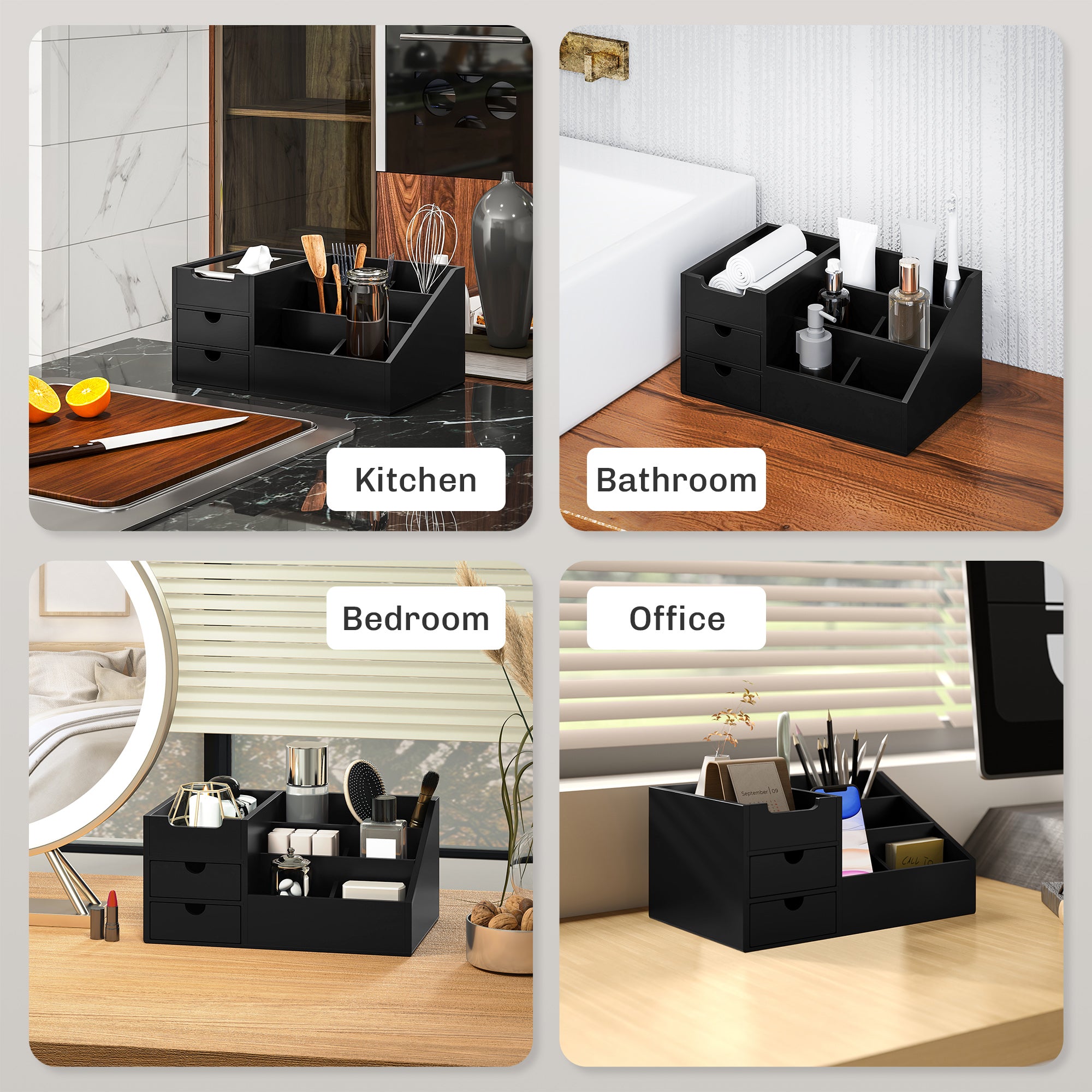 HOMCOM Black Bamboo Desktop Organiser with 2 Drawers and 7 Compartments
