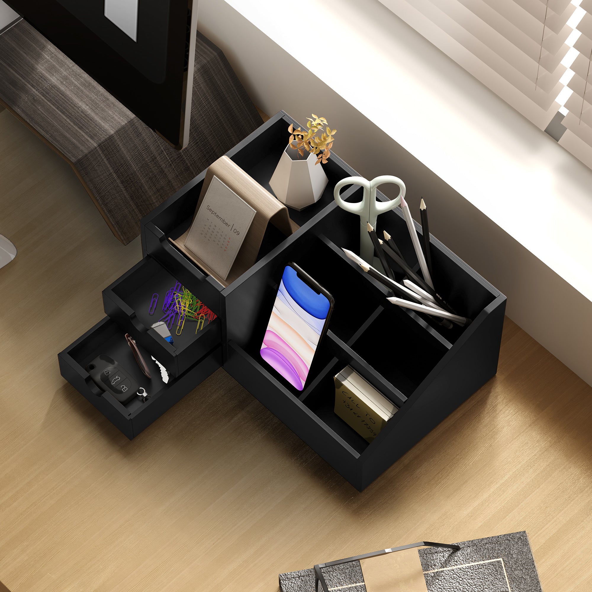 HOMCOM Black Bamboo Desktop Organiser with 2 Drawers and 7 Compartments