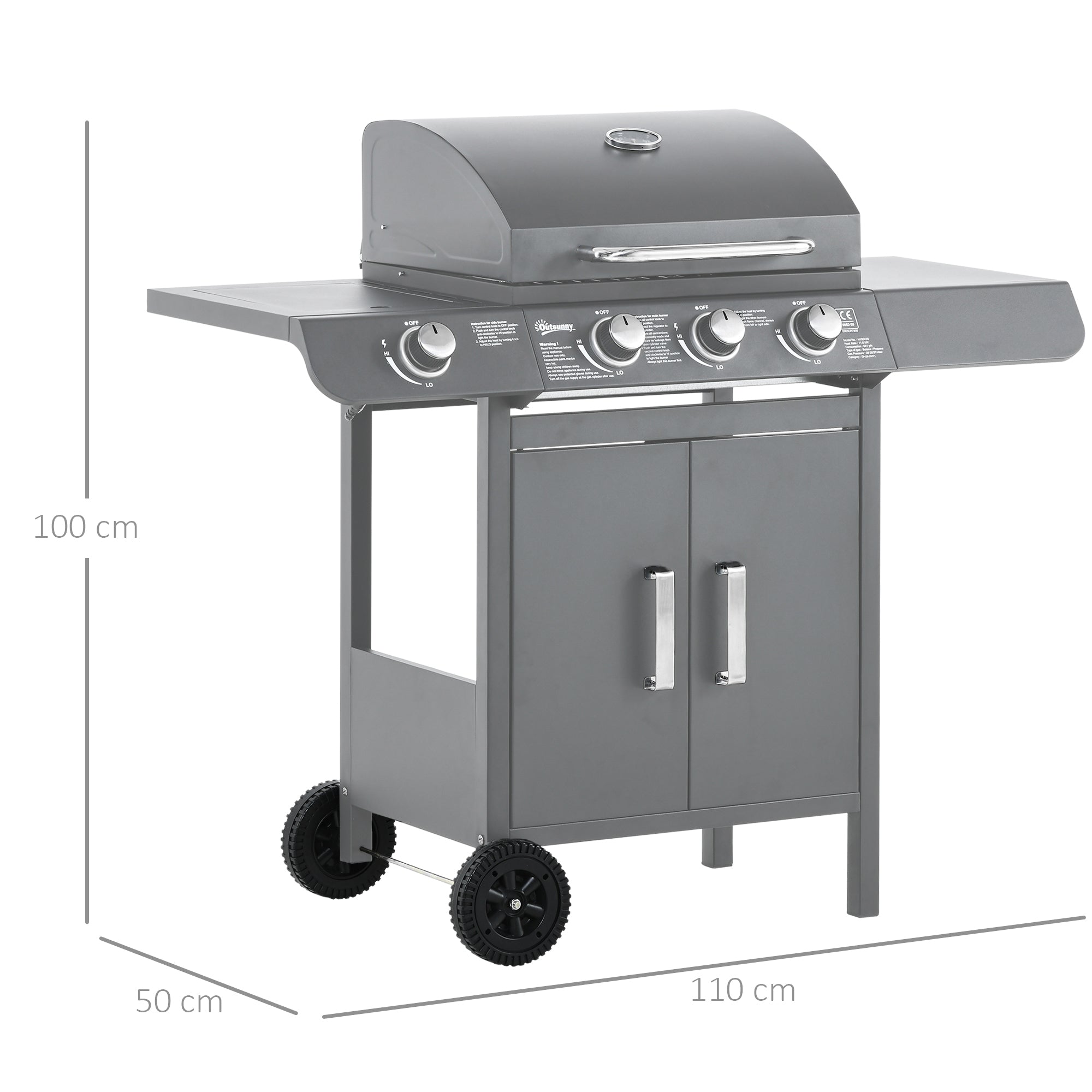 Outsunny 3+1 Burner Gas BBQ Grill with Side Burner and Large Cooking Area