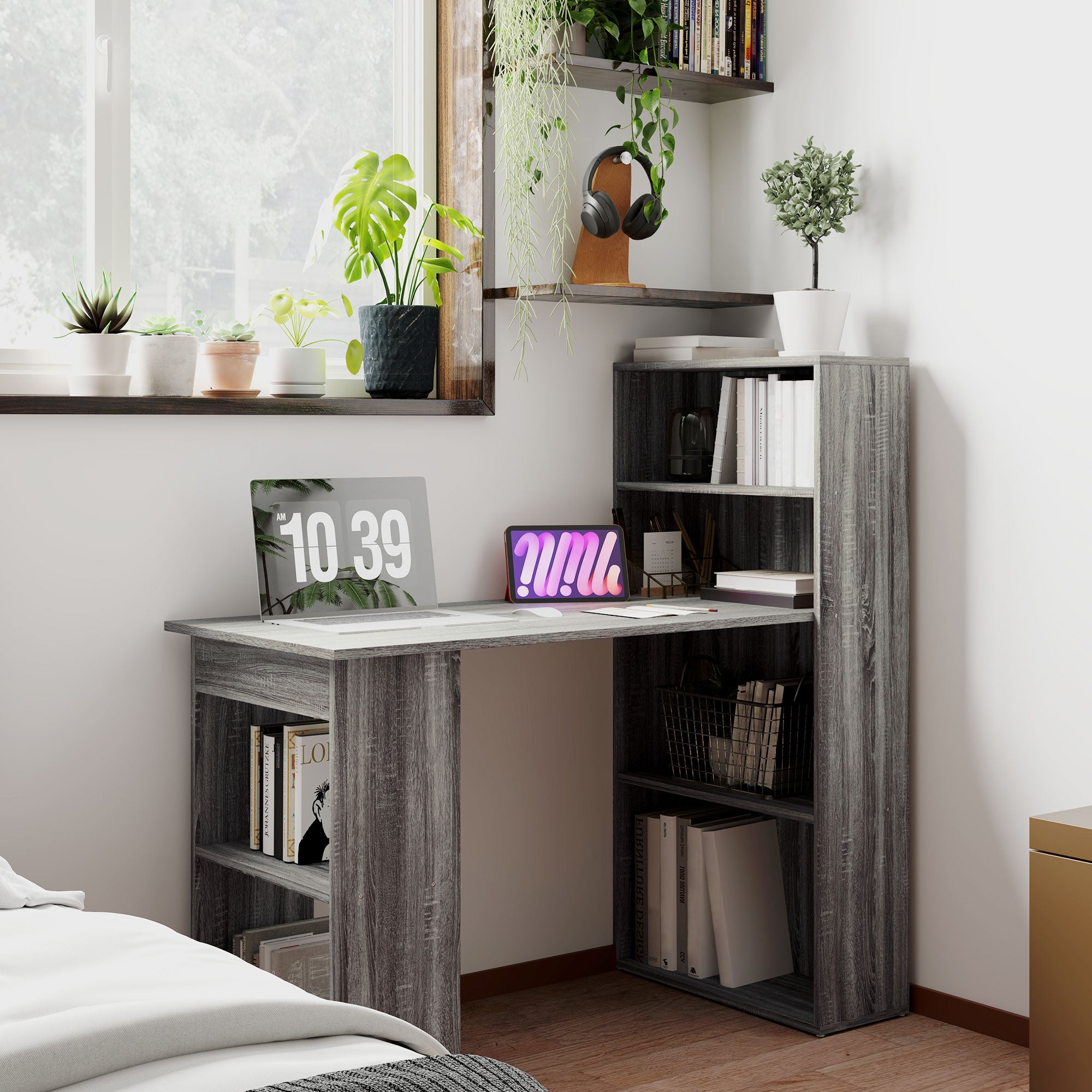 HOMCOM 120cm Grey Computer Desk with 6 Shelves and Storage