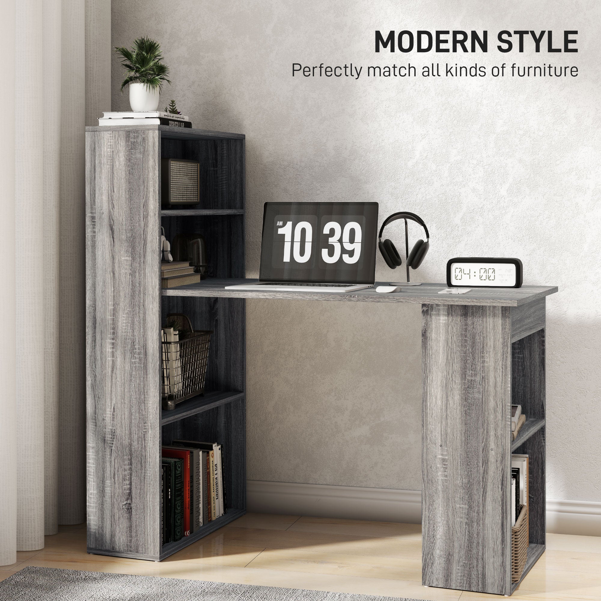 HOMCOM 120cm Grey Computer Desk with 6 Shelves and Storage