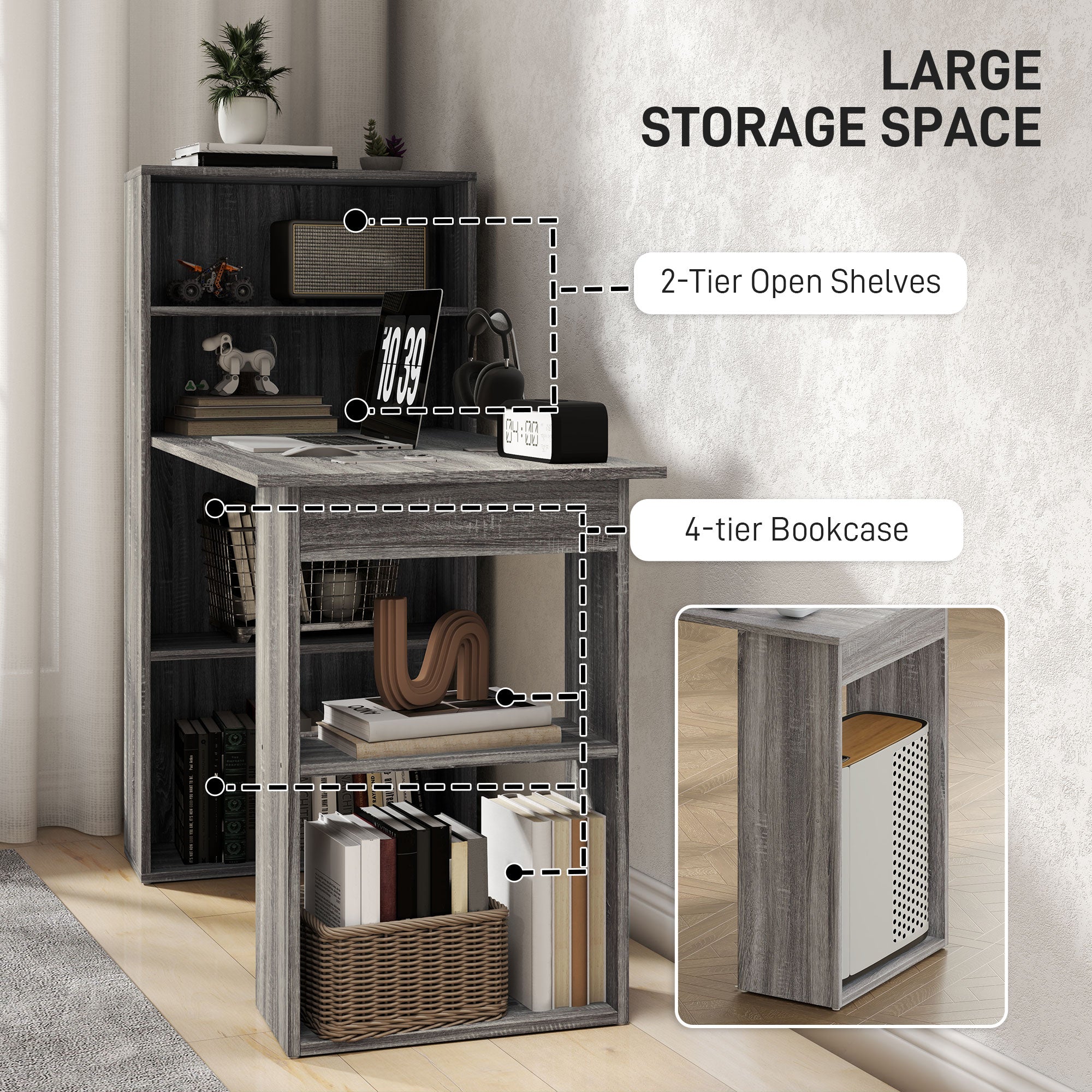HOMCOM 120cm Grey Computer Desk with 6 Shelves and Storage