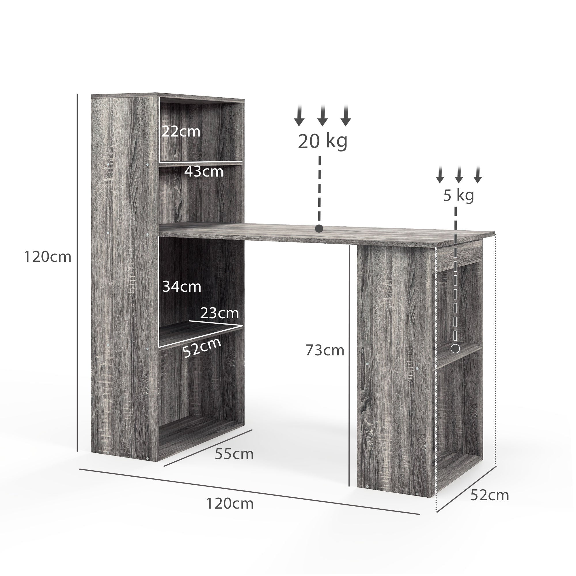 HOMCOM 120cm Grey Computer Desk with 6 Shelves and Storage