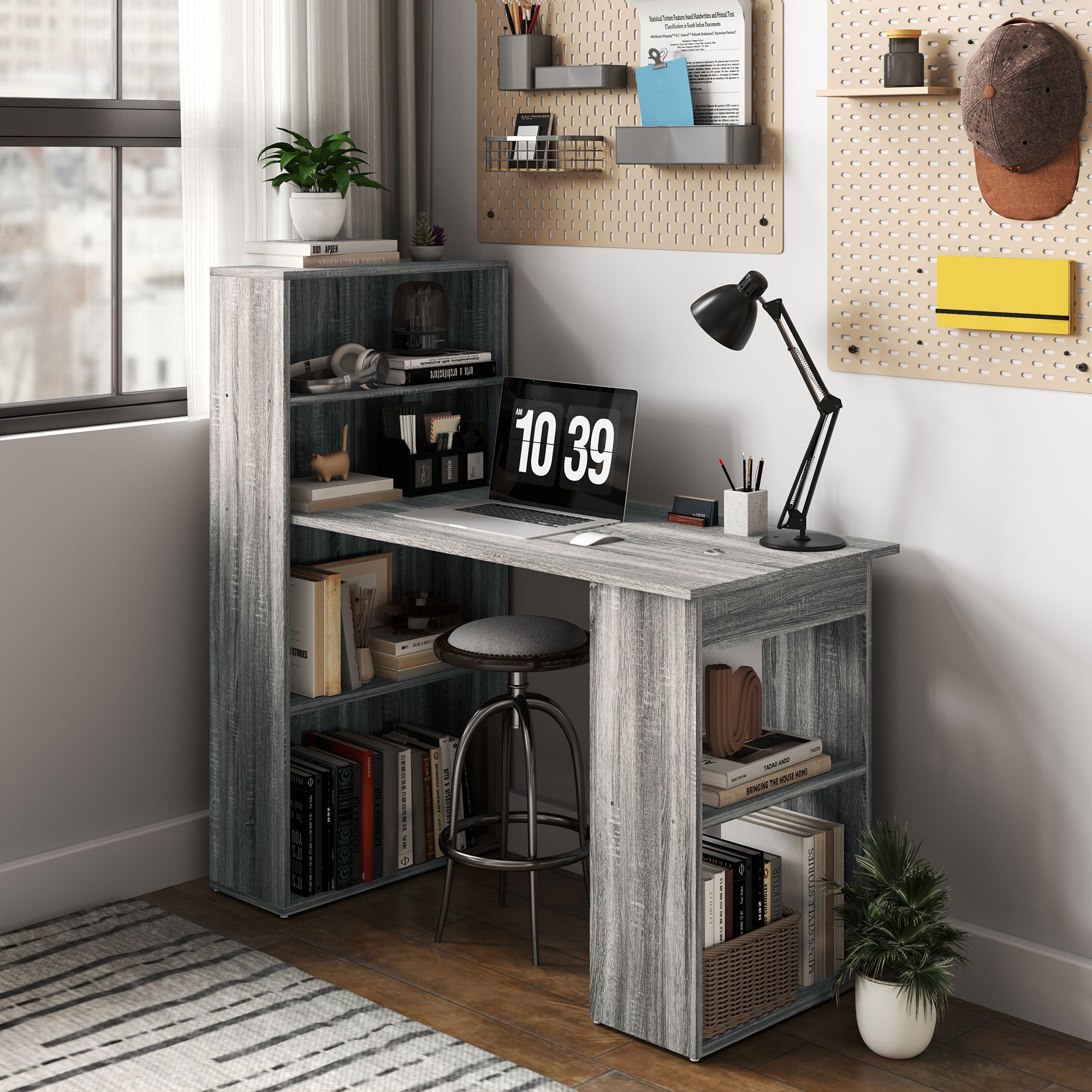 HOMCOM 120cm Grey Computer Desk with 6 Shelves and Storage