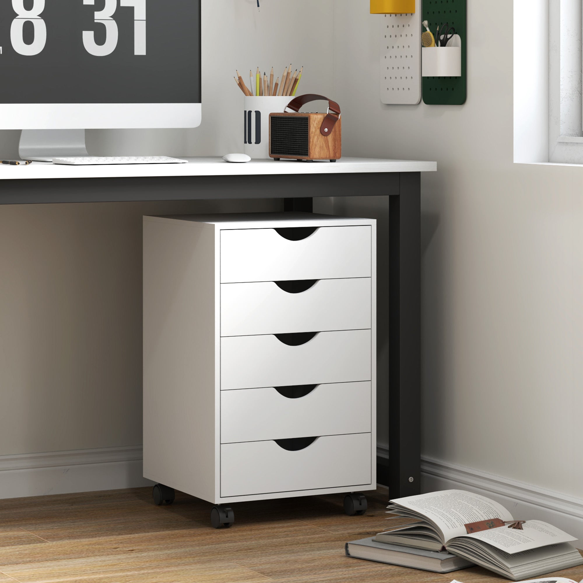 HOMCOM Mobile 5-Drawer Filing Cabinet, White, Home Office Storage