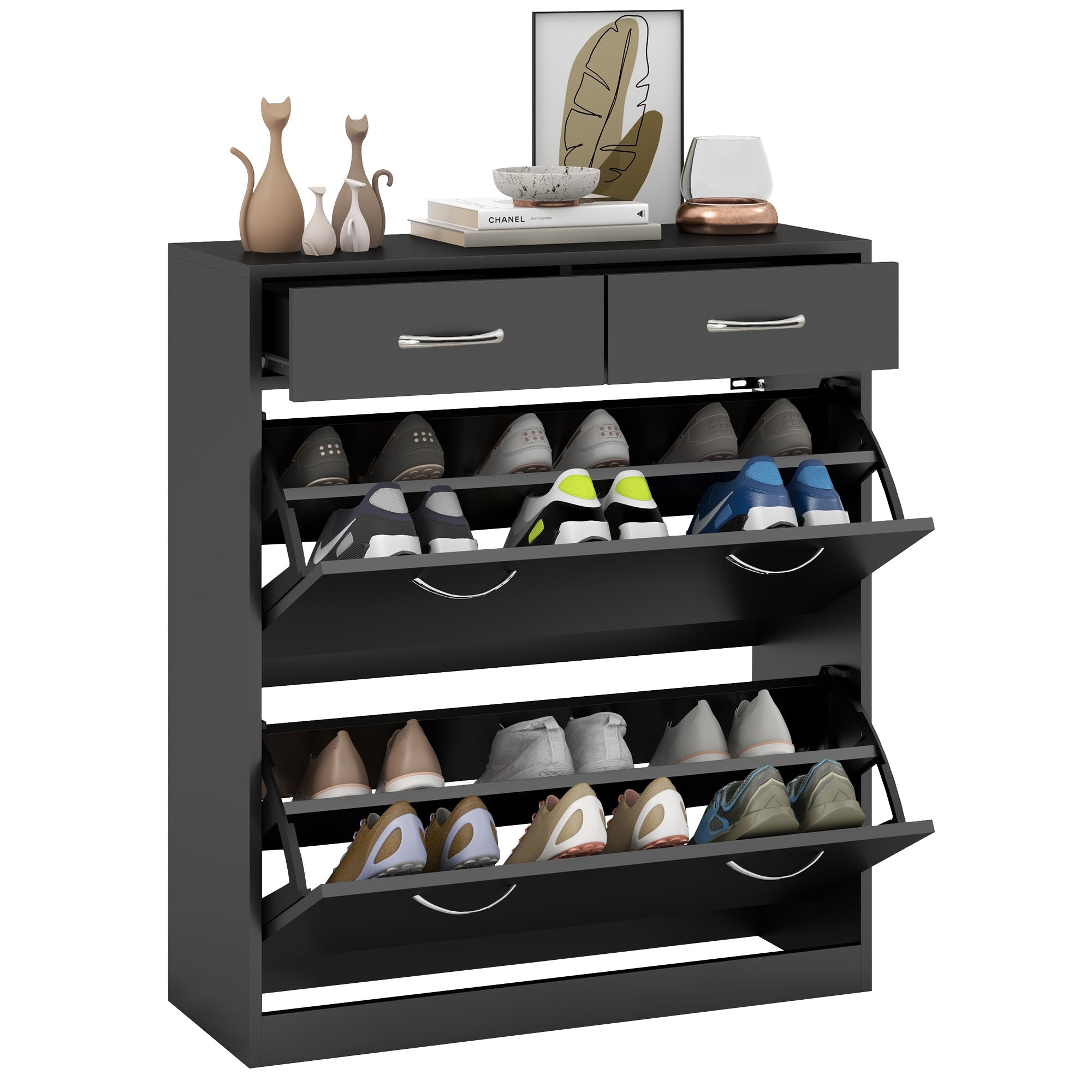 HOMCOM Slim Shoe Cabinet with 2 Flip Drawers, 12-Pair, Black