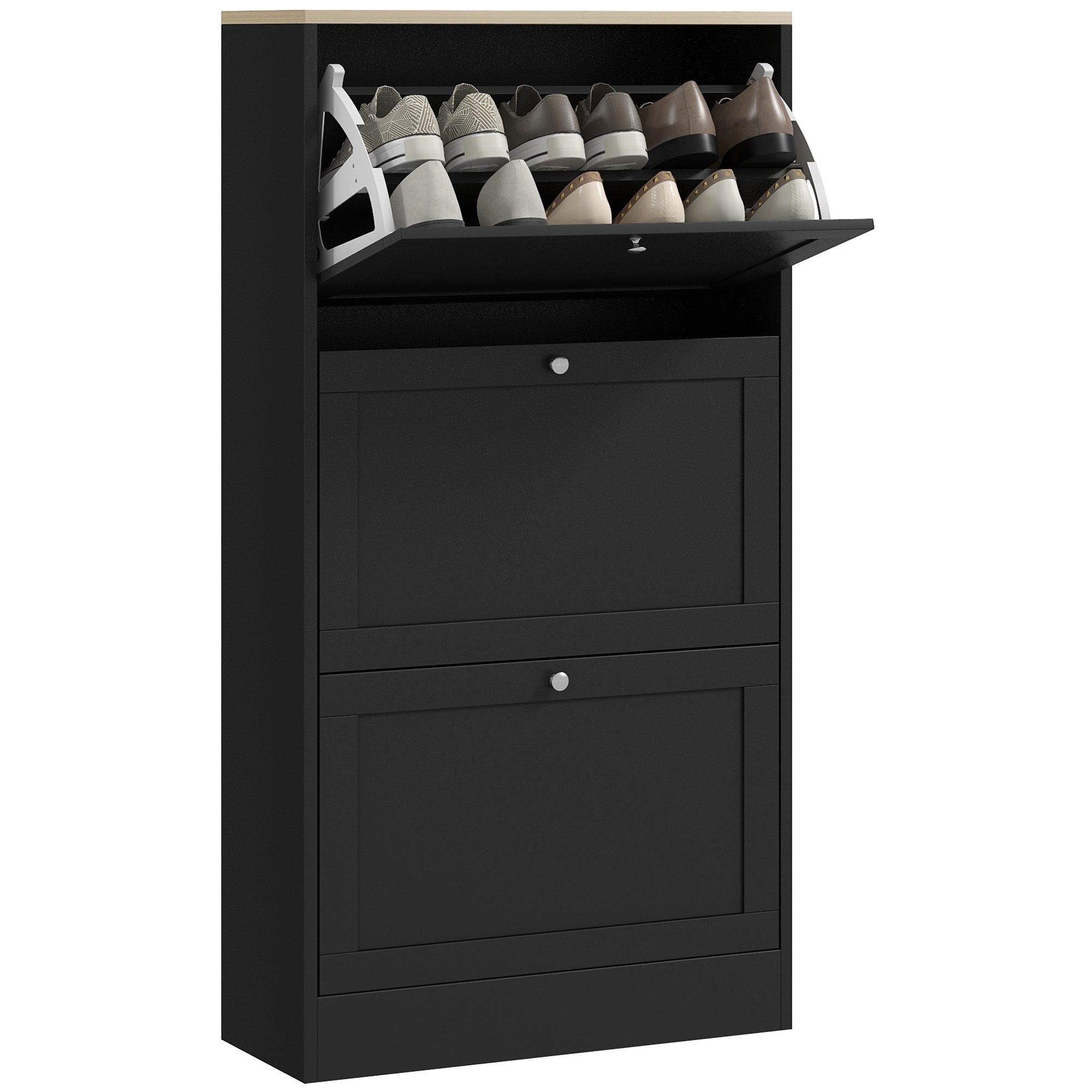 HOMCOM Narrow Shoe Cabinet with 3 Flip Drawers, Black, 18 Pairs