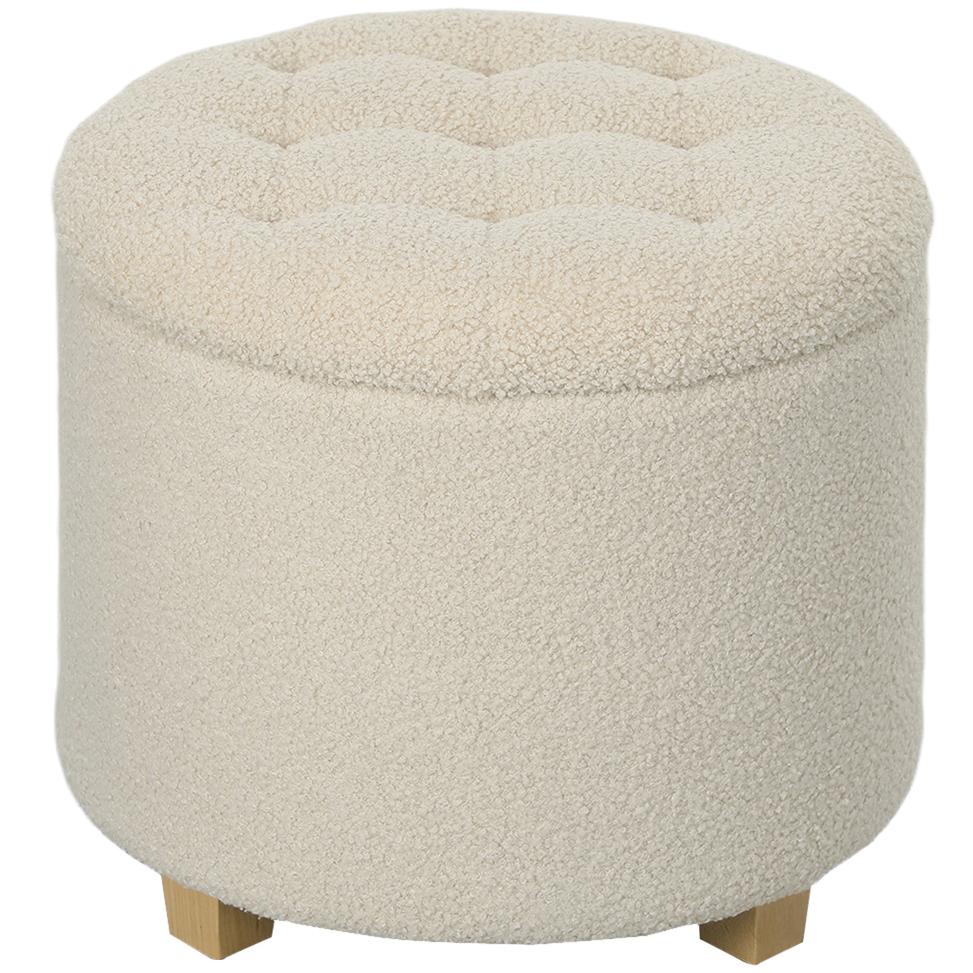 HOMCOM 45cm Round Storage Ottoman, Teddy Fleece Footstool, Cream White