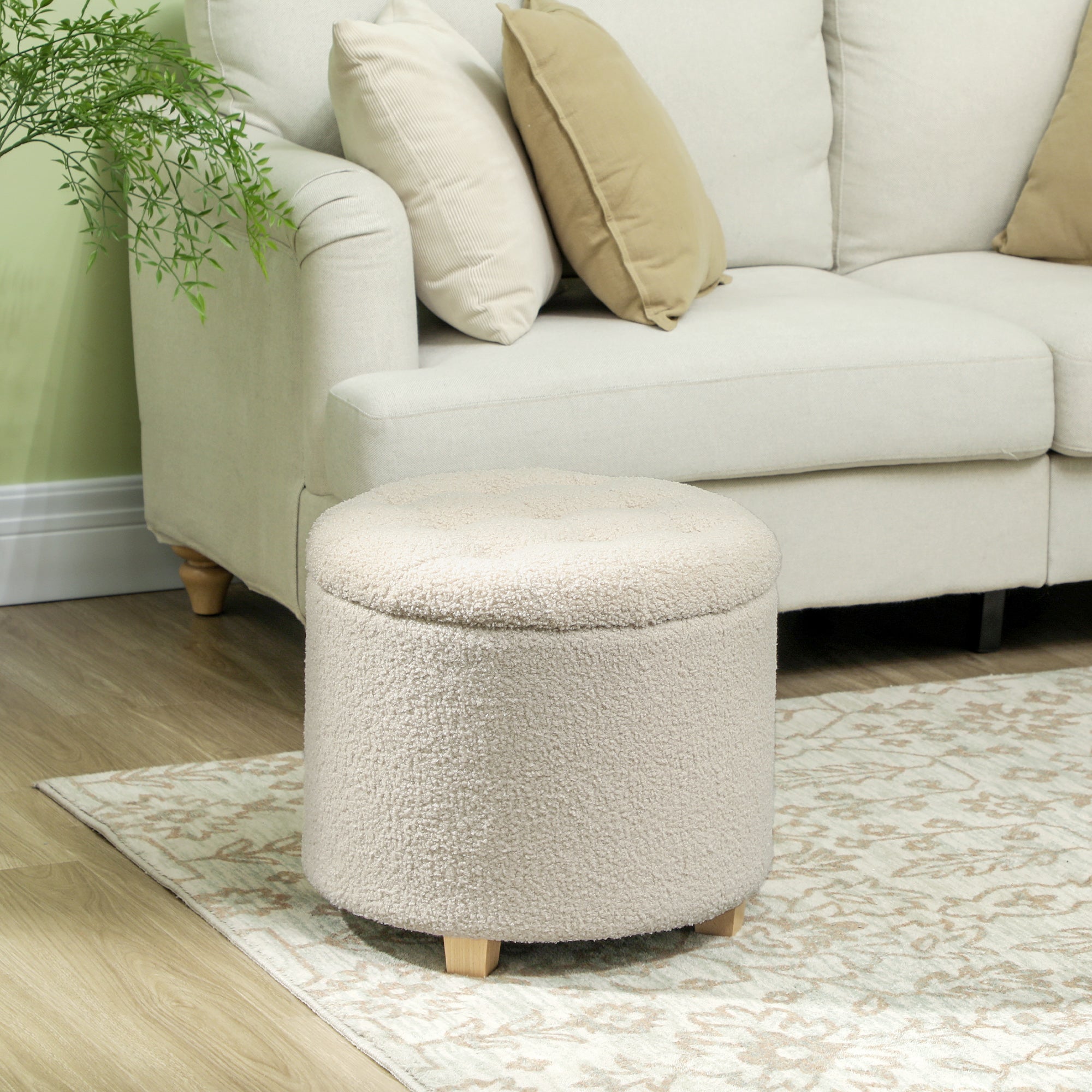 HOMCOM 45cm Round Storage Ottoman, Teddy Fleece Footstool, Cream White