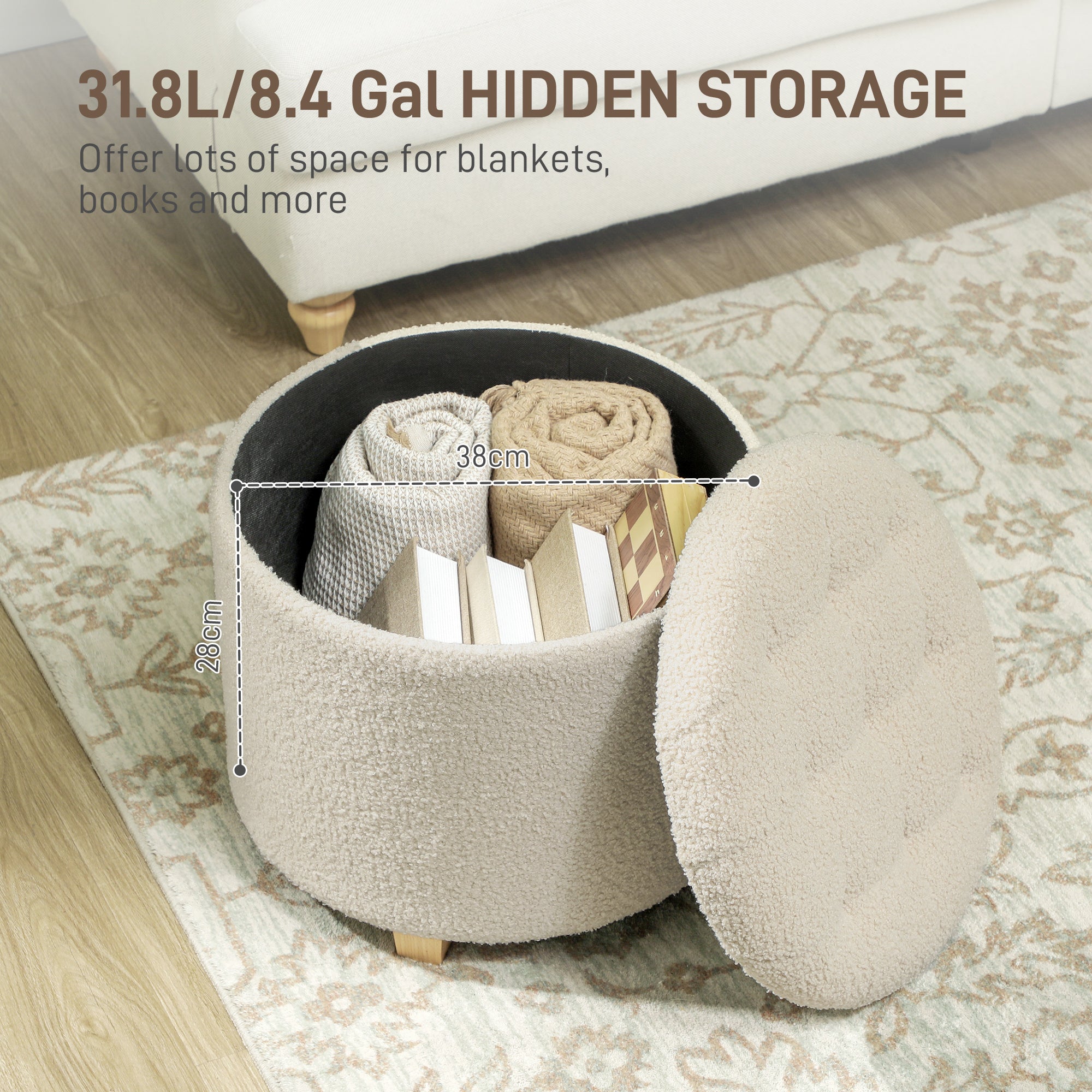 HOMCOM 45cm Round Storage Ottoman, Teddy Fleece Footstool, Cream White