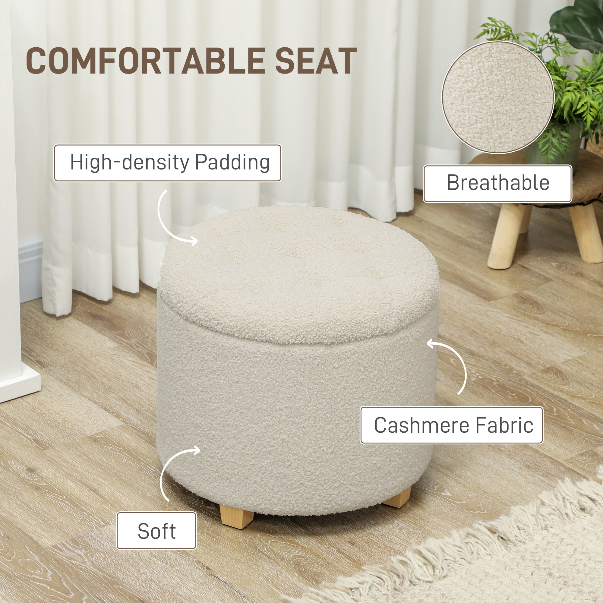 HOMCOM 45cm Round Storage Ottoman, Teddy Fleece Footstool, Cream White