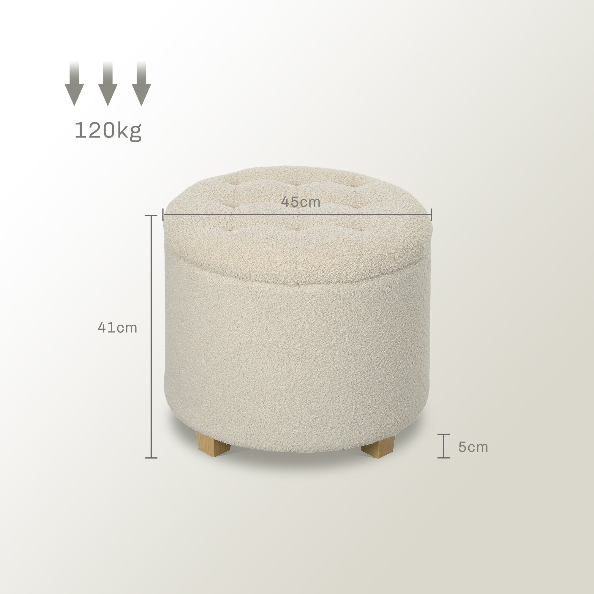 HOMCOM 45cm Round Storage Ottoman, Teddy Fleece Footstool, Cream White