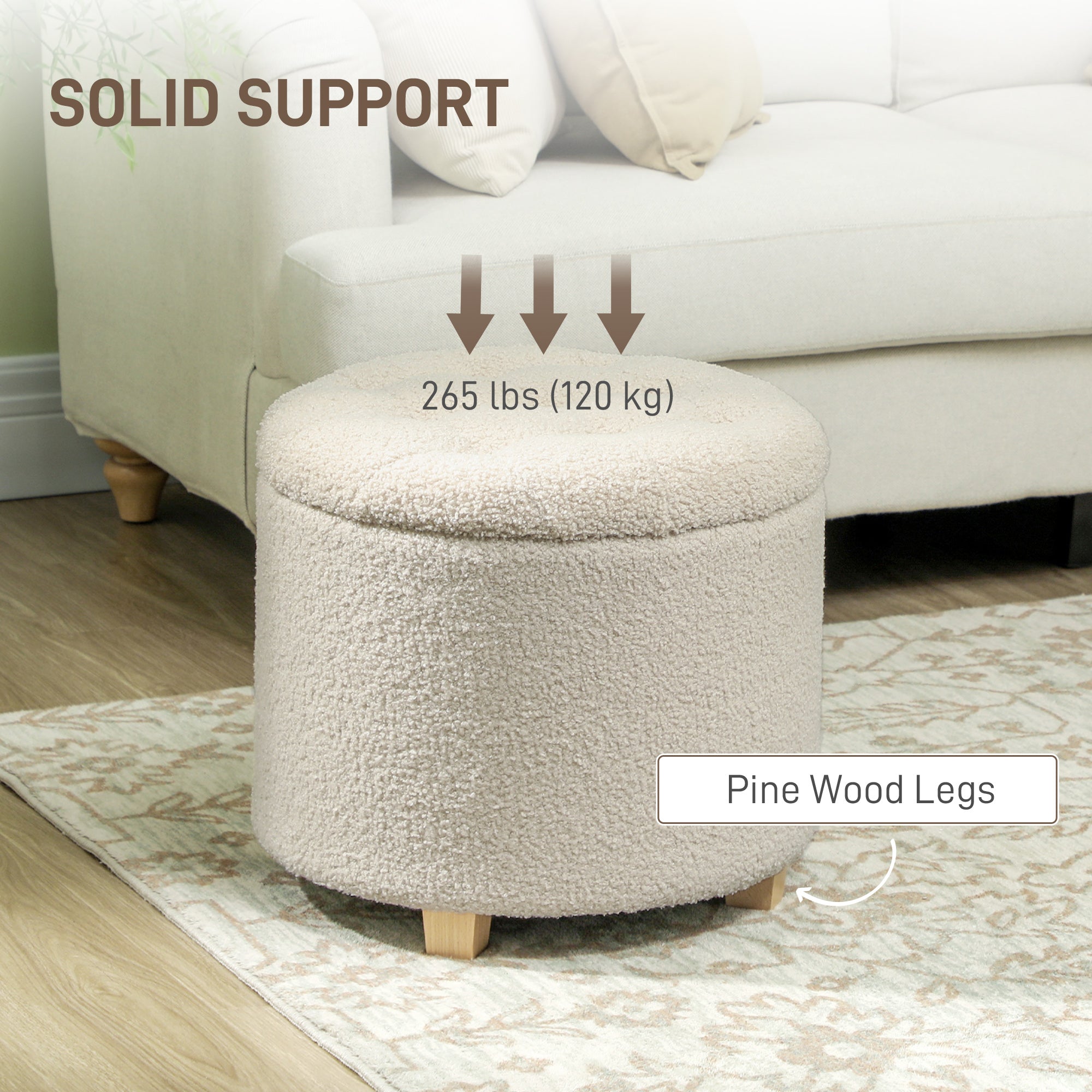 HOMCOM 45cm Round Storage Ottoman, Teddy Fleece Footstool, Cream White