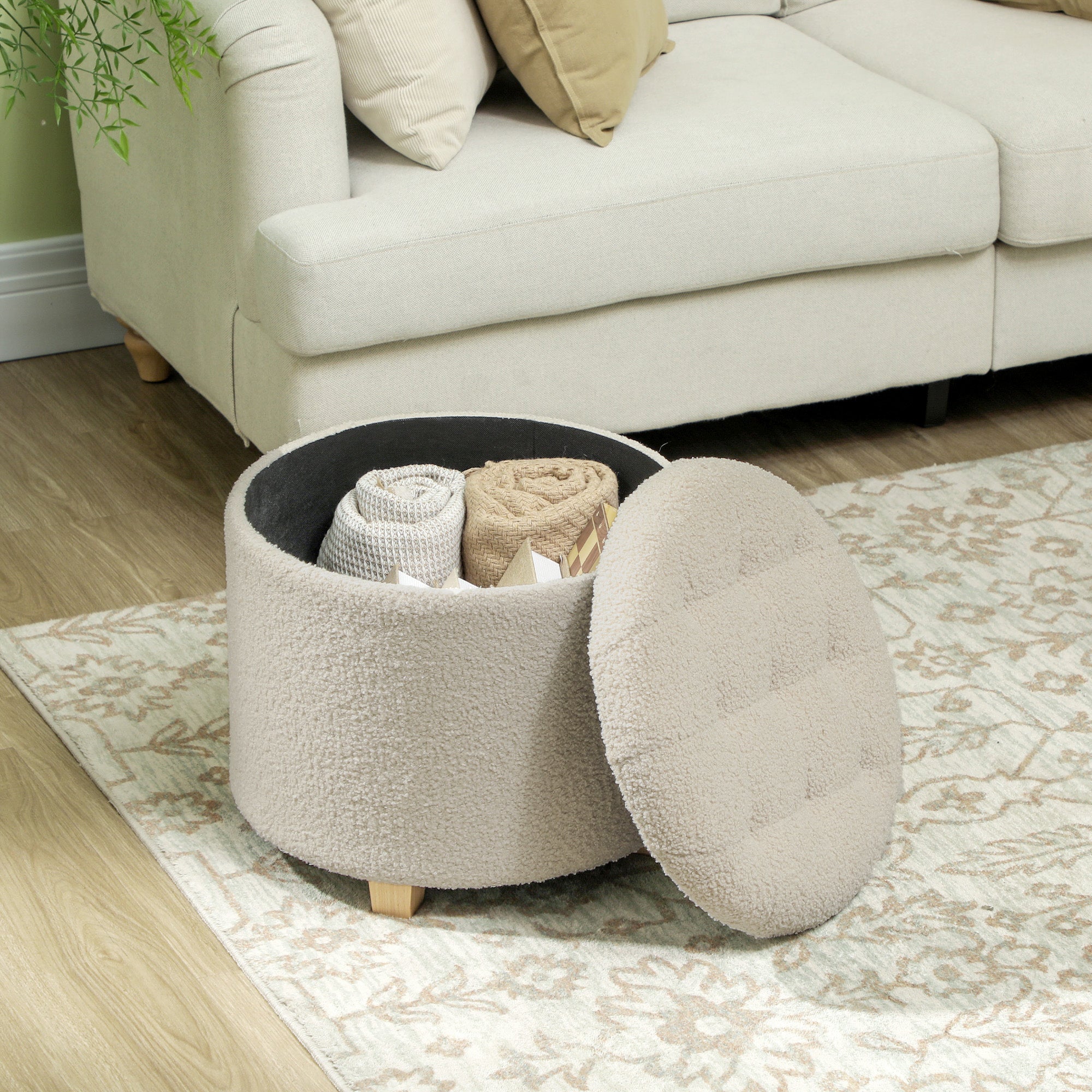 HOMCOM 45cm Round Storage Ottoman, Teddy Fleece Footstool, Cream White