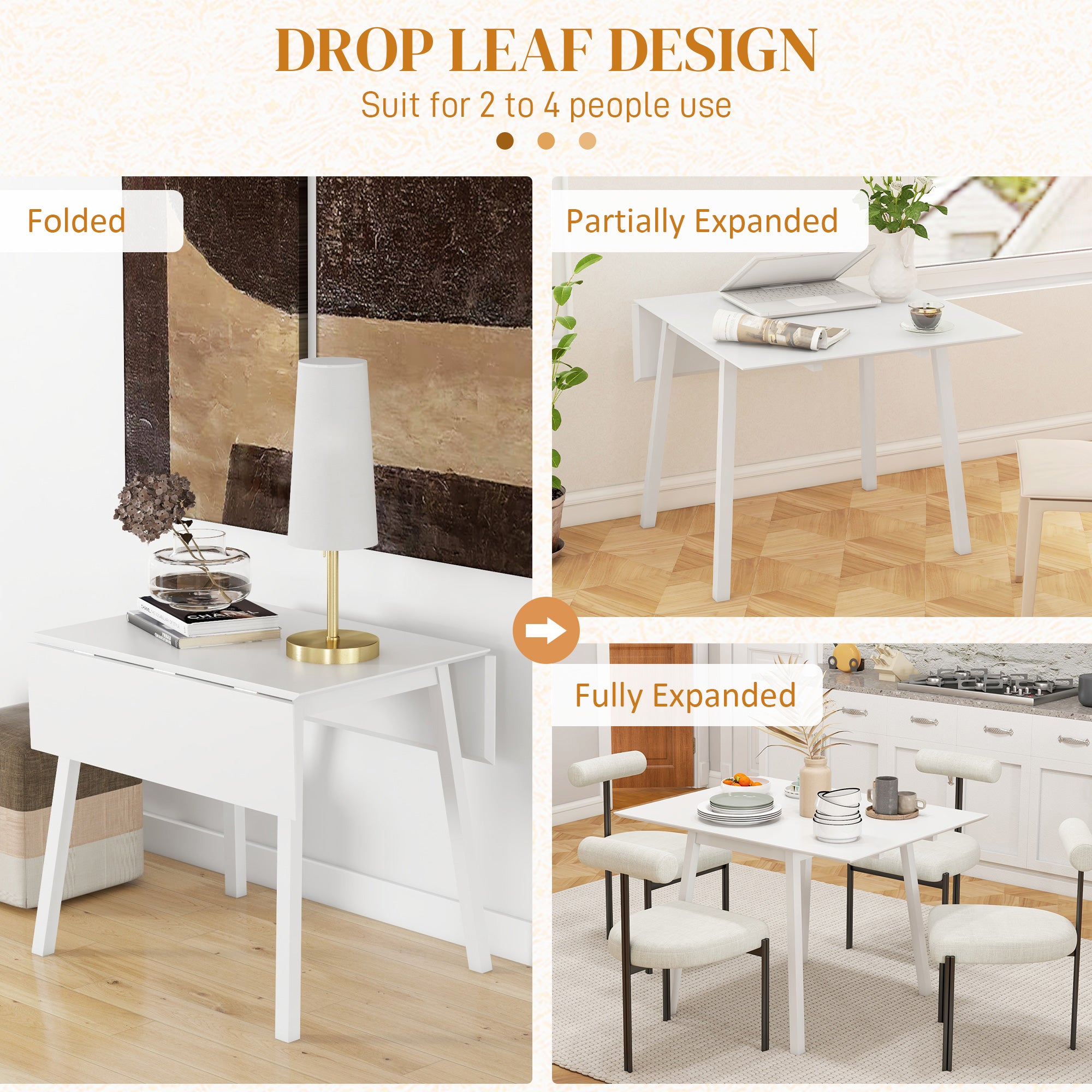 HOMCOM Extendable Drop Leaf Dining Table, White, 2-4 Seater