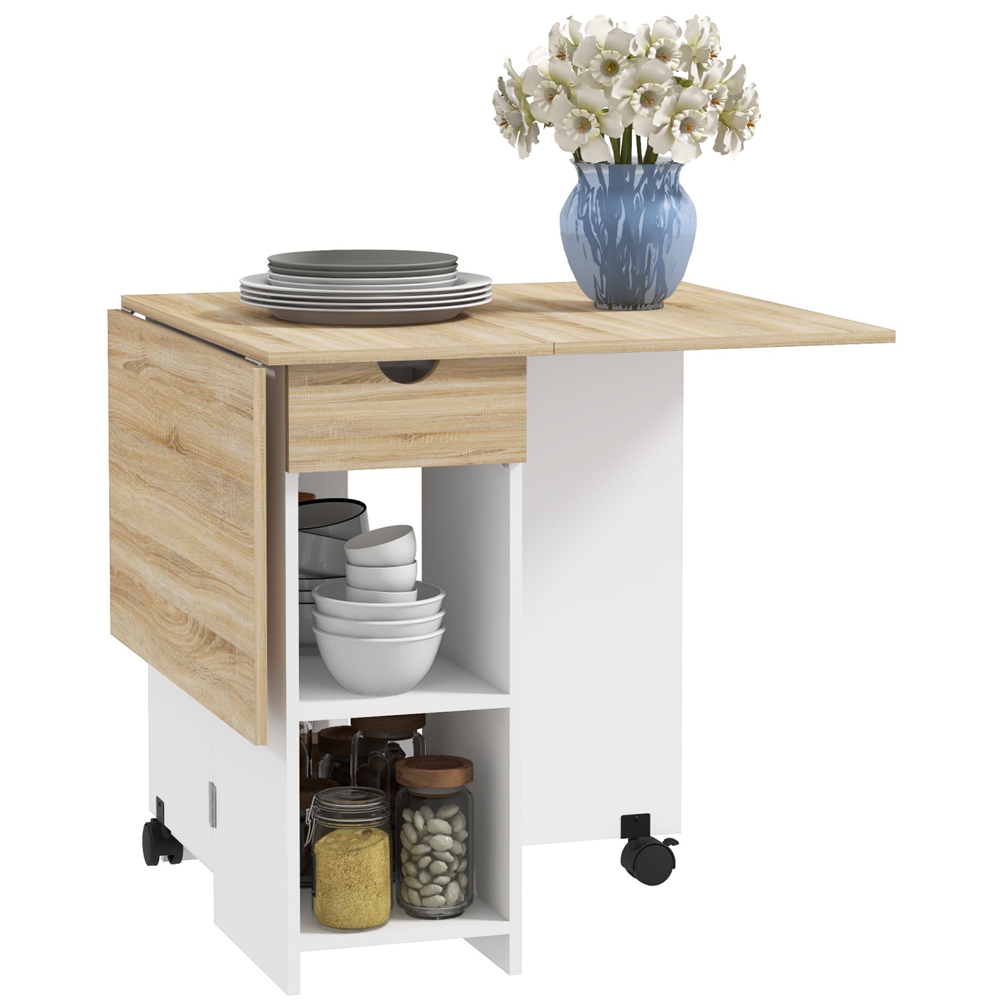 HOMCOM Oak Foldable Drop Leaf Dining Table with Storage