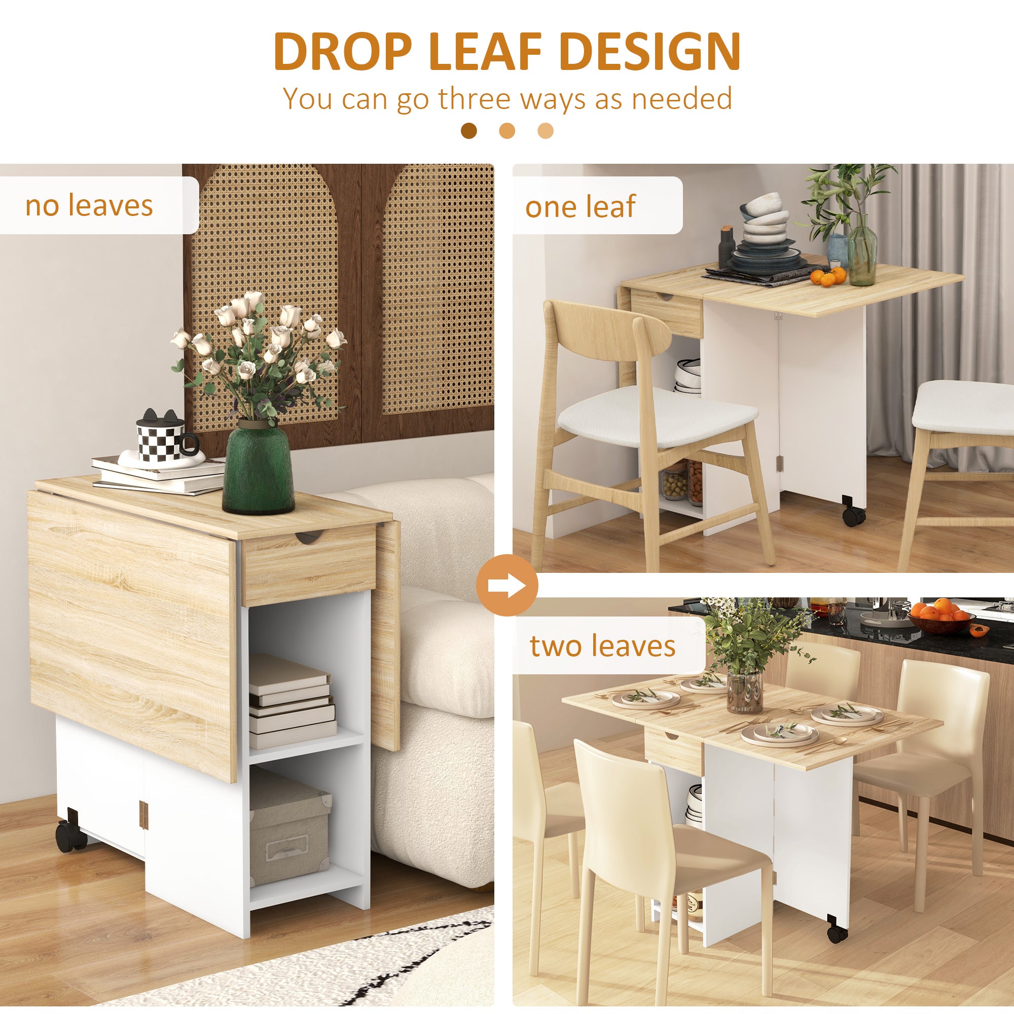 HOMCOM Oak Foldable Drop Leaf Dining Table with Storage