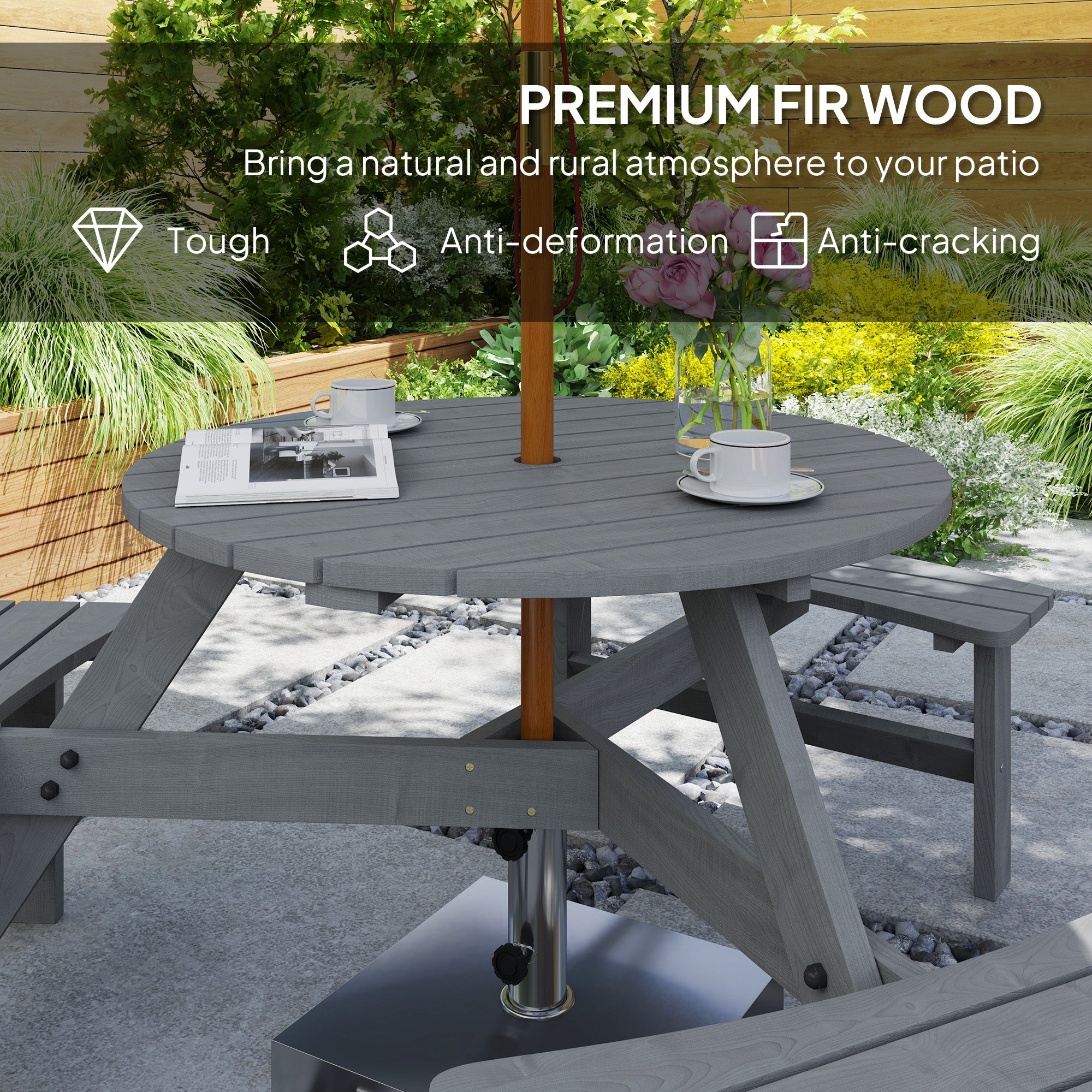 Outsunny 6-Person Fir Wood Outdoor Table Bench Set, Grey