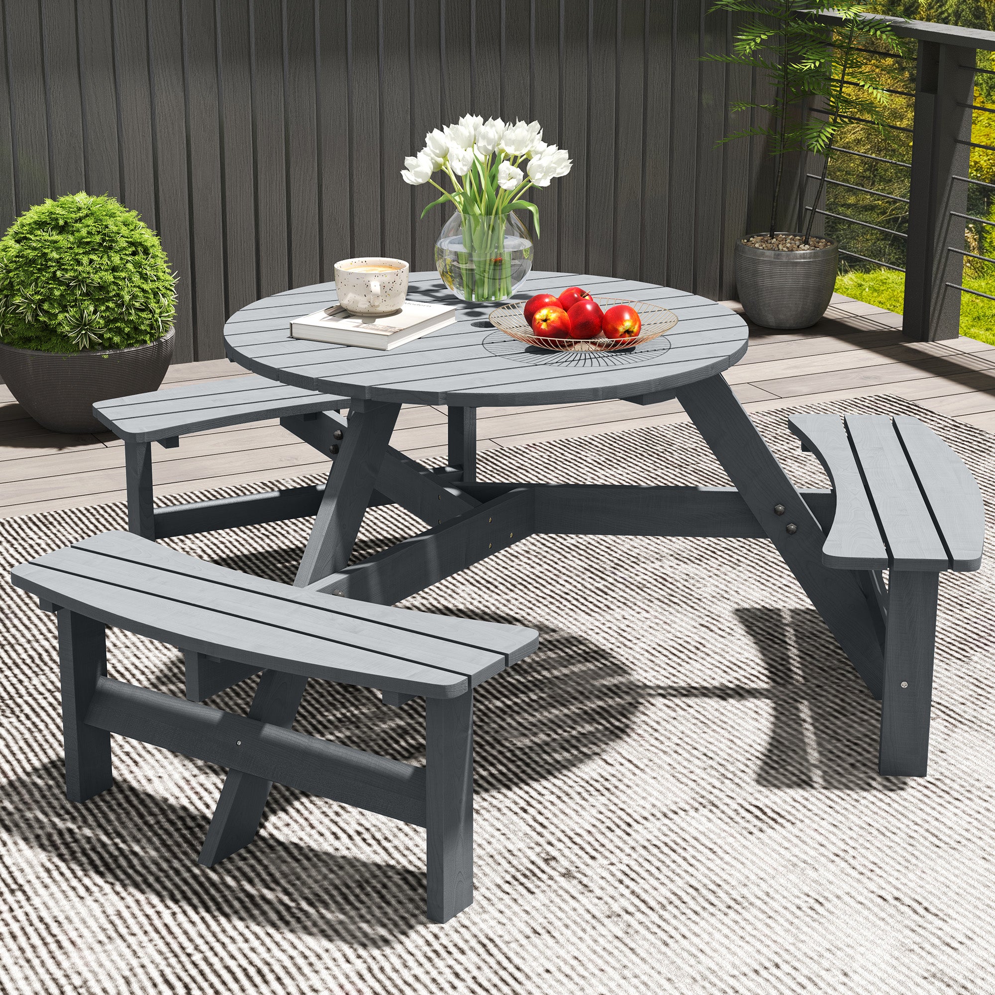 Outsunny 6-Person Fir Wood Outdoor Table Bench Set, Grey