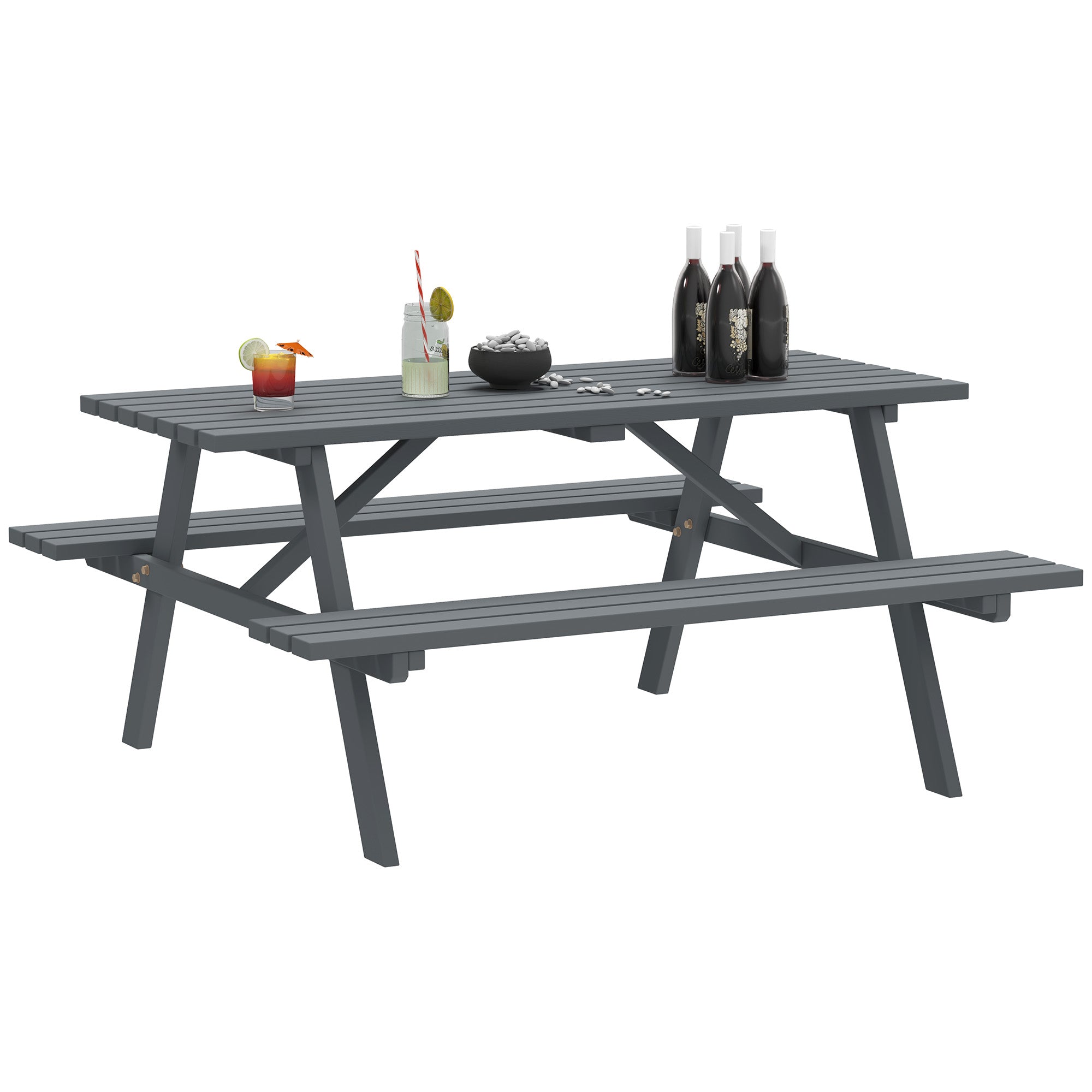 Outsunny 4-Seater Wooden Picnic Table Bench Set, Grey, Parasol Hole