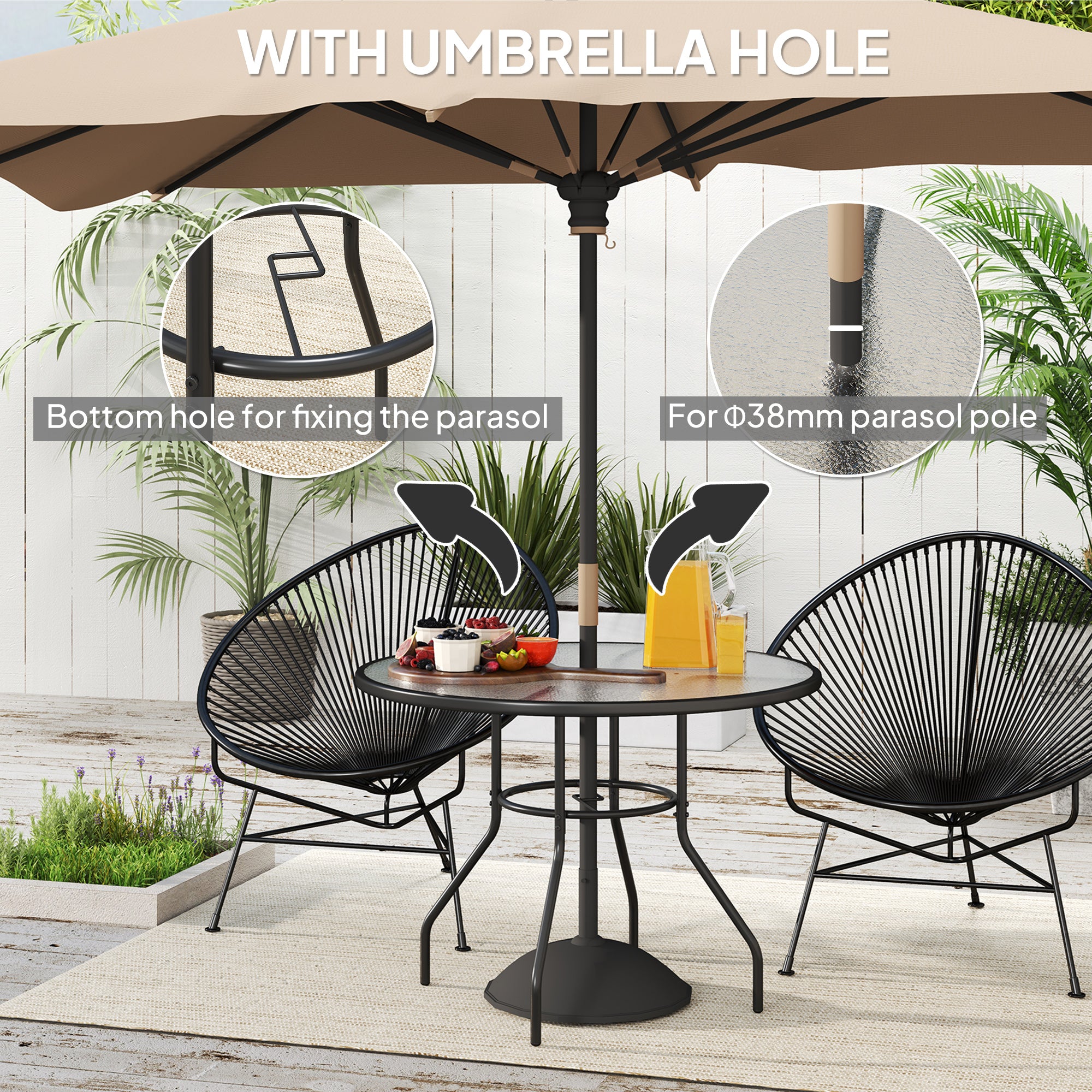Outsunny 100cm Round Tempered Glass Outdoor Dining Table with Parasol Hole