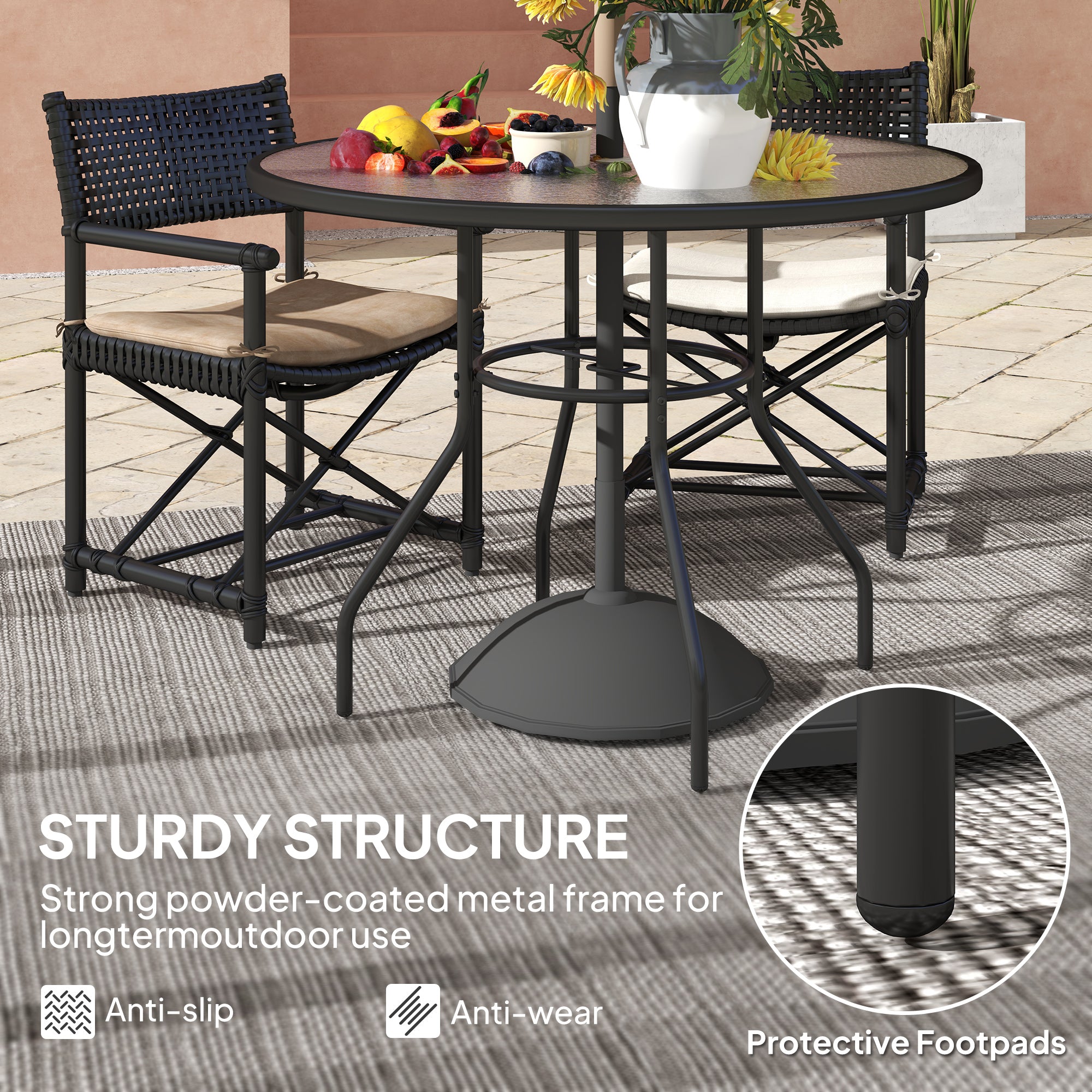 Outsunny 100cm Round Tempered Glass Outdoor Dining Table with Parasol Hole