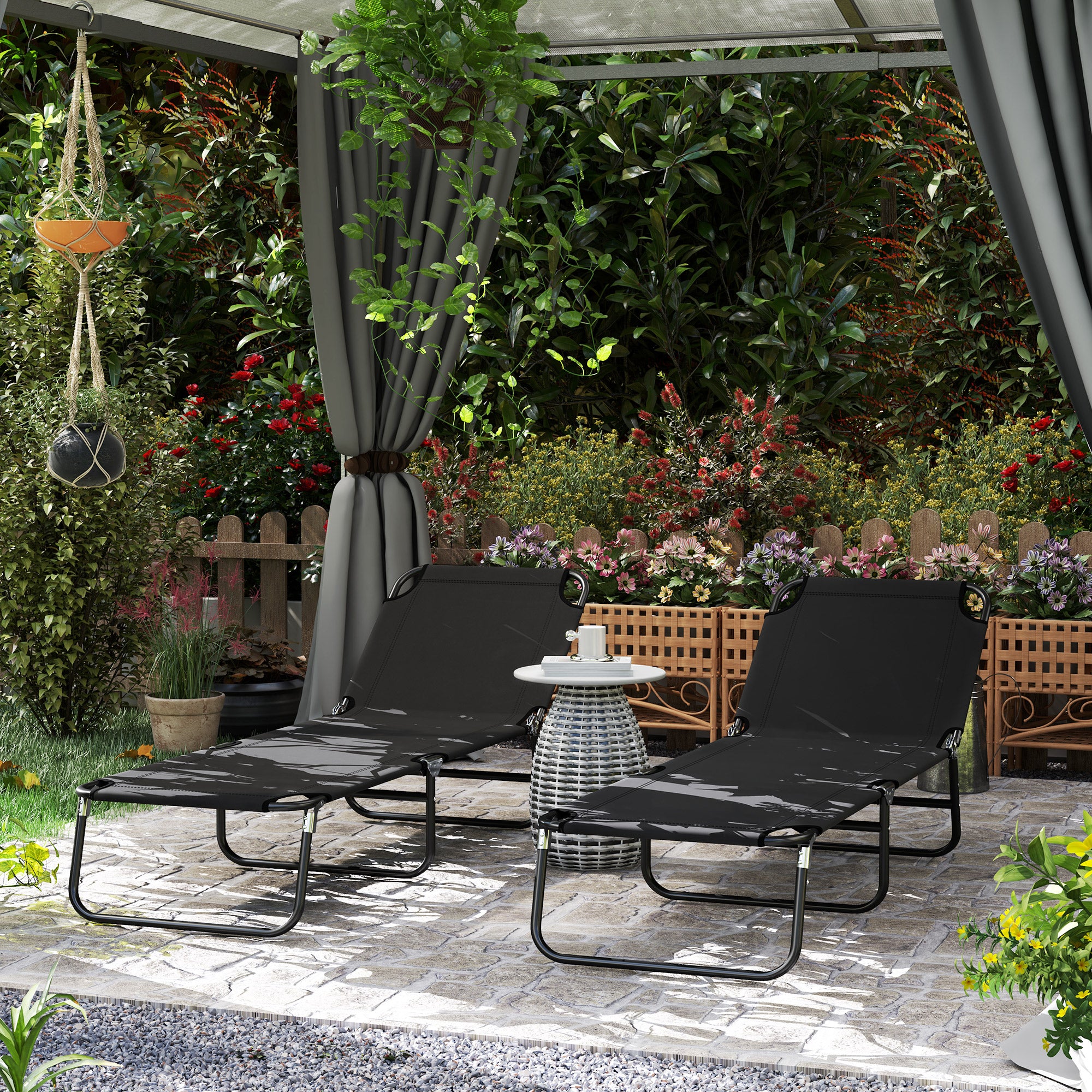 Outsunny Set of 2 Reclining Chaise Lounges, Adjustable Backrest, Black