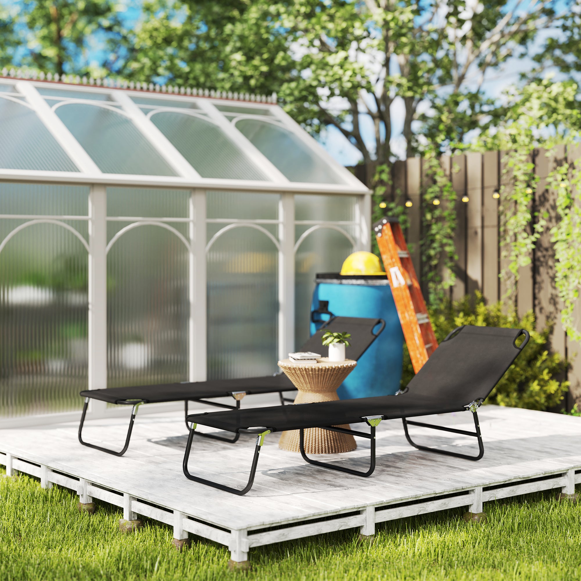 Outsunny Set of 2 Reclining Chaise Lounges, Adjustable Backrest, Black