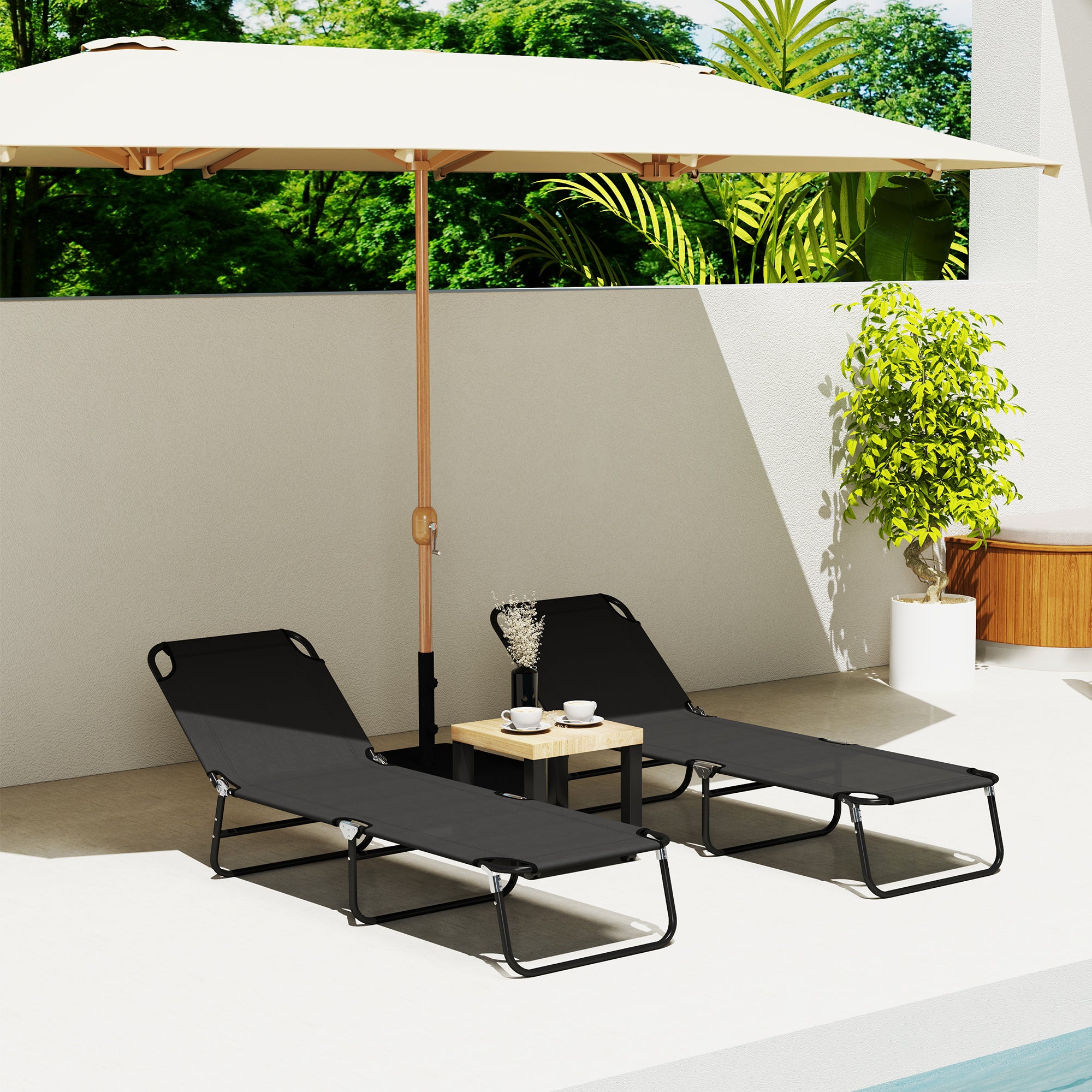 Outsunny Set of 2 Reclining Chaise Lounges, Adjustable Backrest, Black