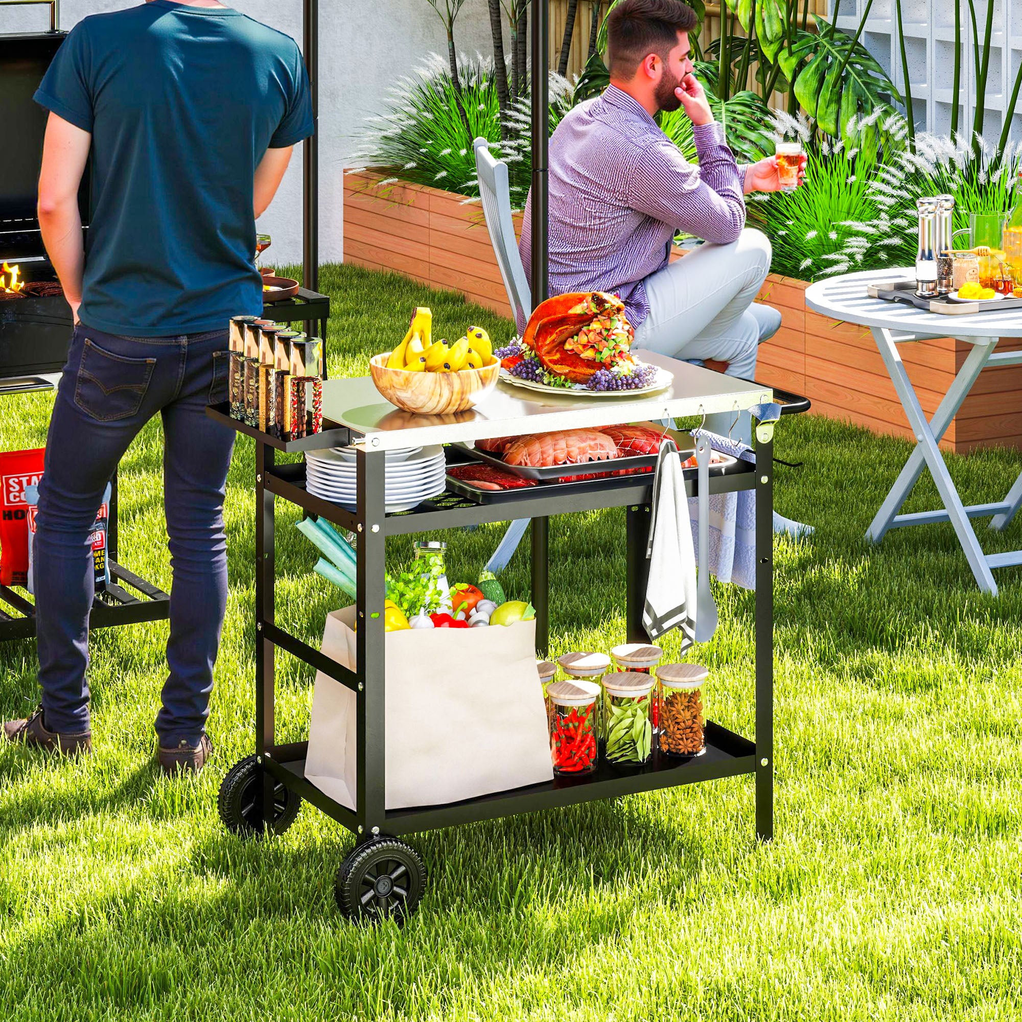 Outsunny BBQ Trolley with Stainless Steel Top, Wheels and Shelves