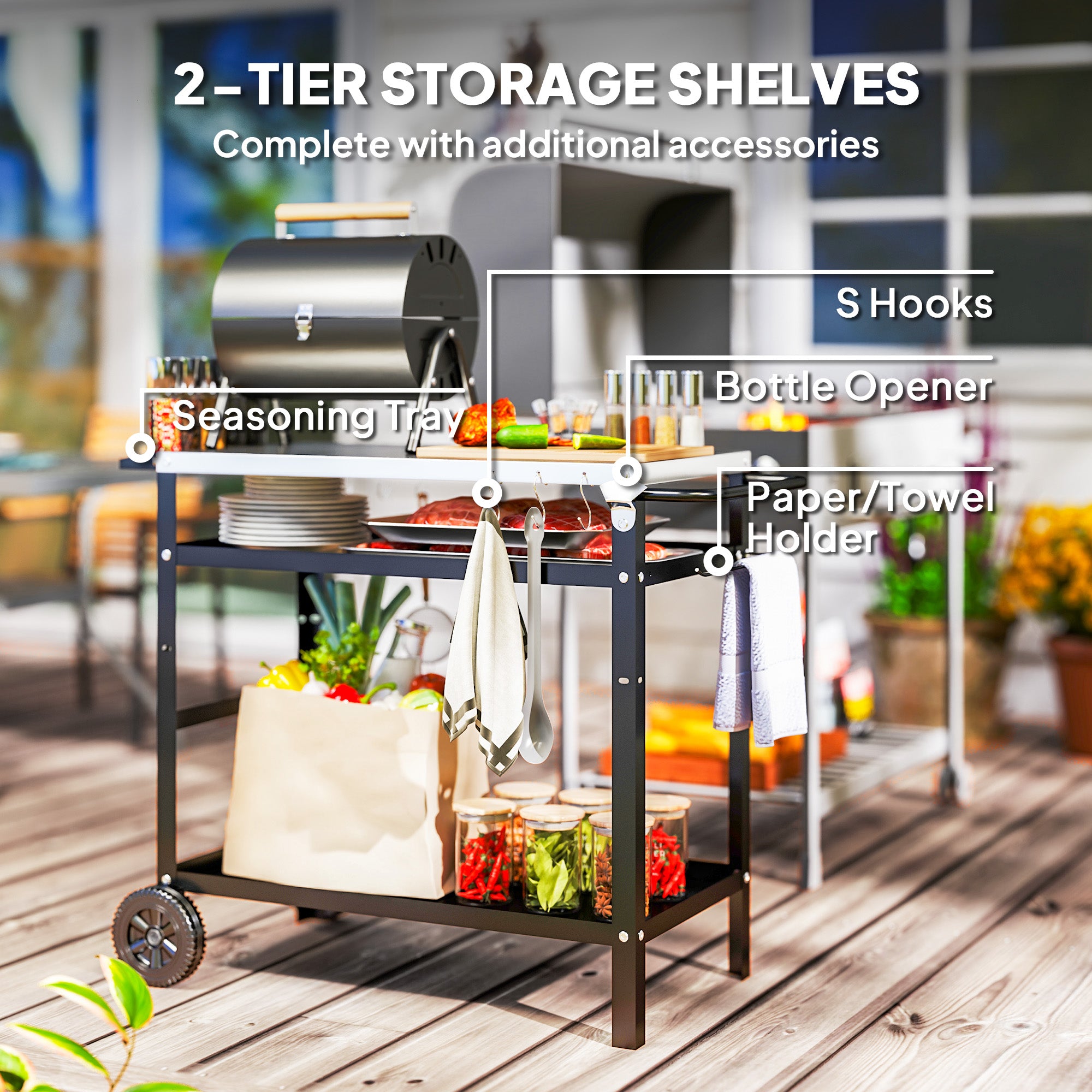 Outsunny BBQ Trolley with Stainless Steel Top, Wheels and Shelves