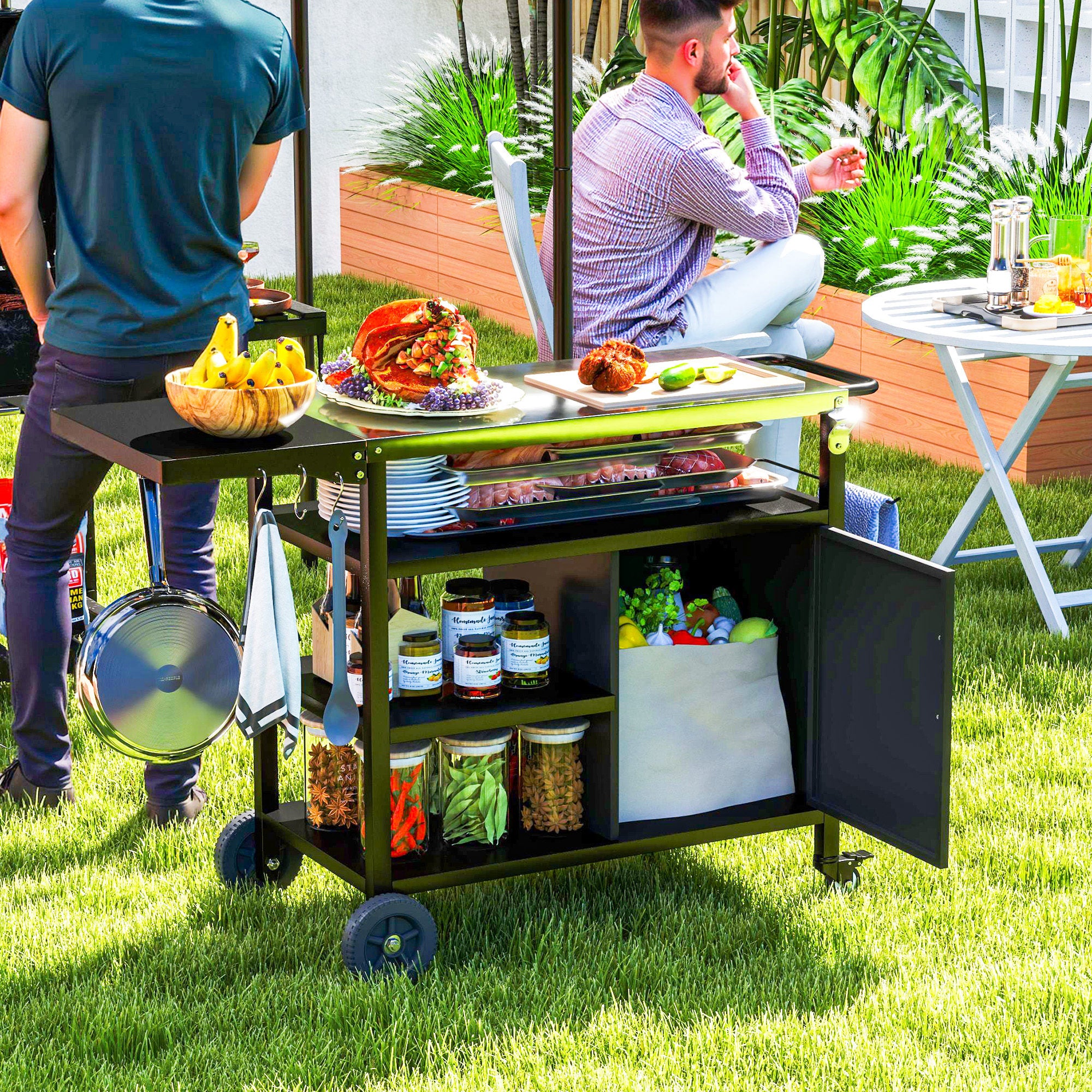 Outsunny Stainless Steel BBQ Grill Trolley with Folding Side Table